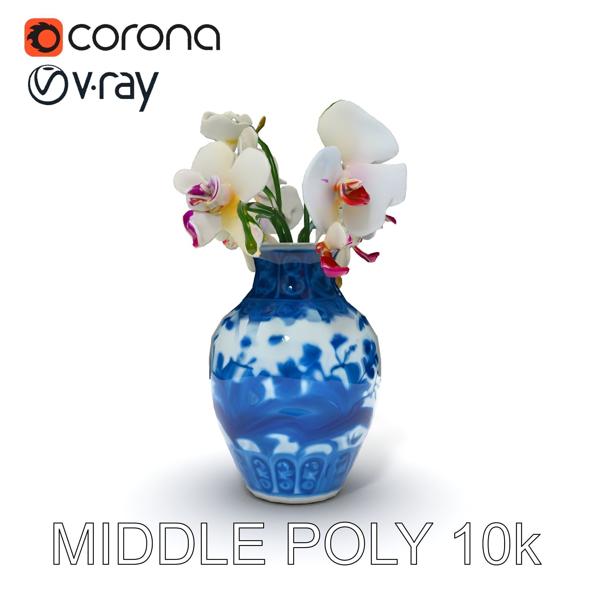 Elegant Blue Porcelain Vase with Orchids Model Pack Low-poly 3D model_20