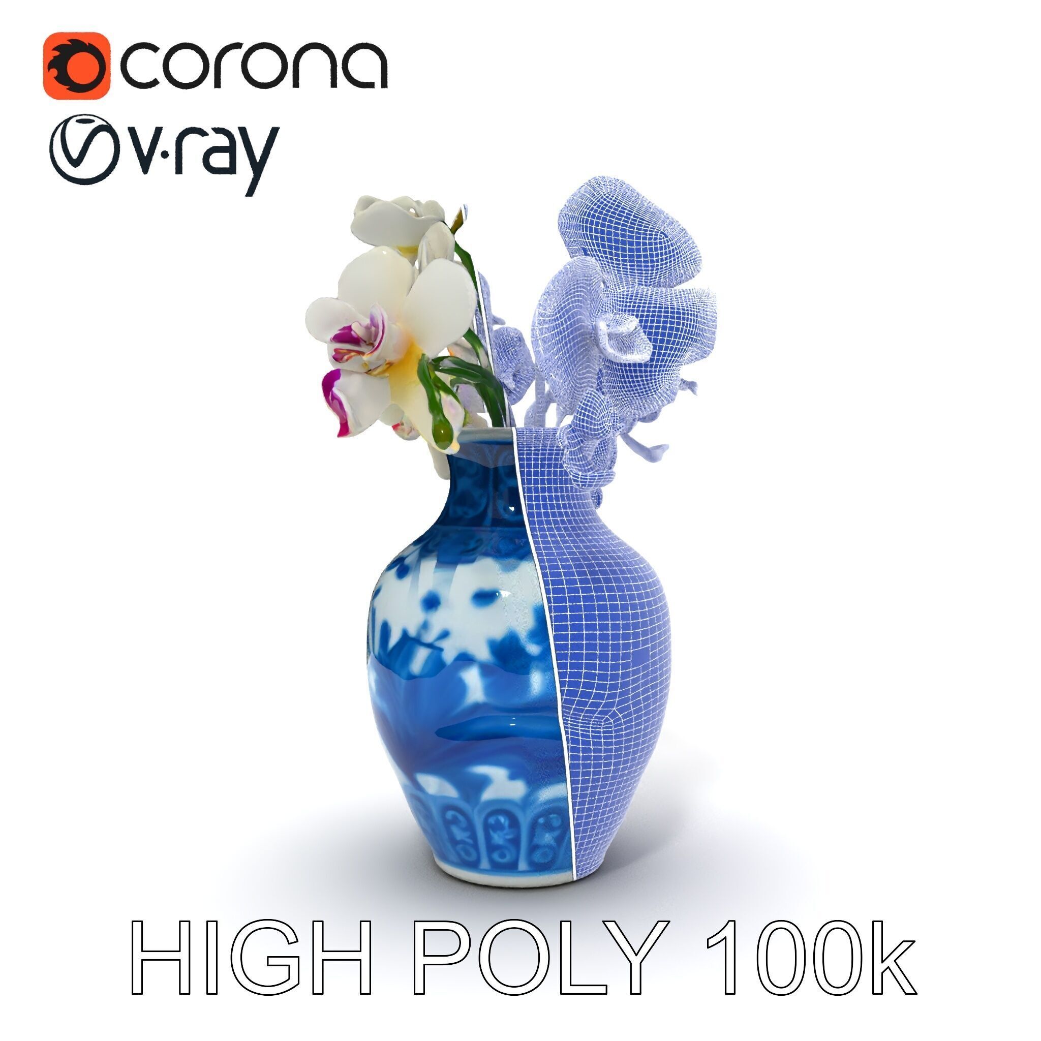 Elegant Blue Porcelain Vase with Orchids Model Pack Low-poly 3D model_19