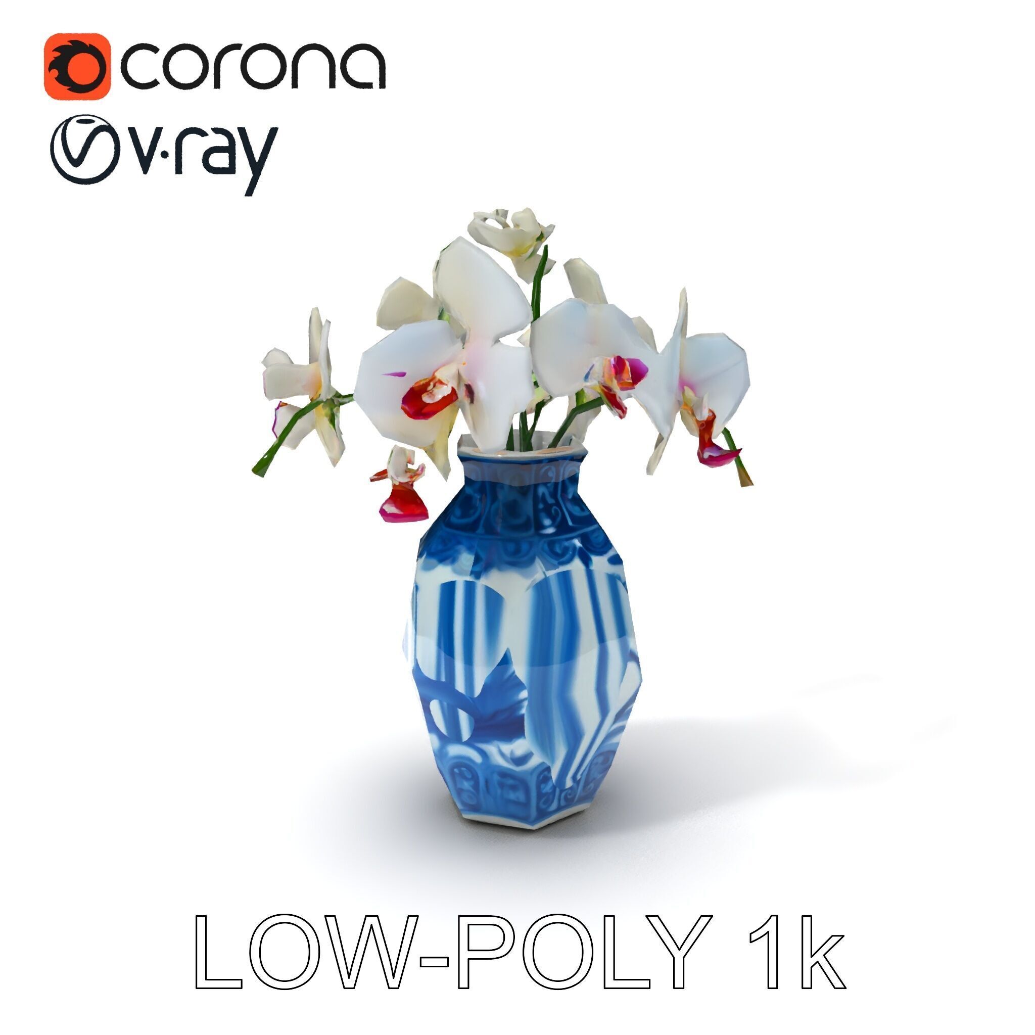 Elegant Blue Porcelain Vase with Orchids Model Pack Low-poly 3D model_16