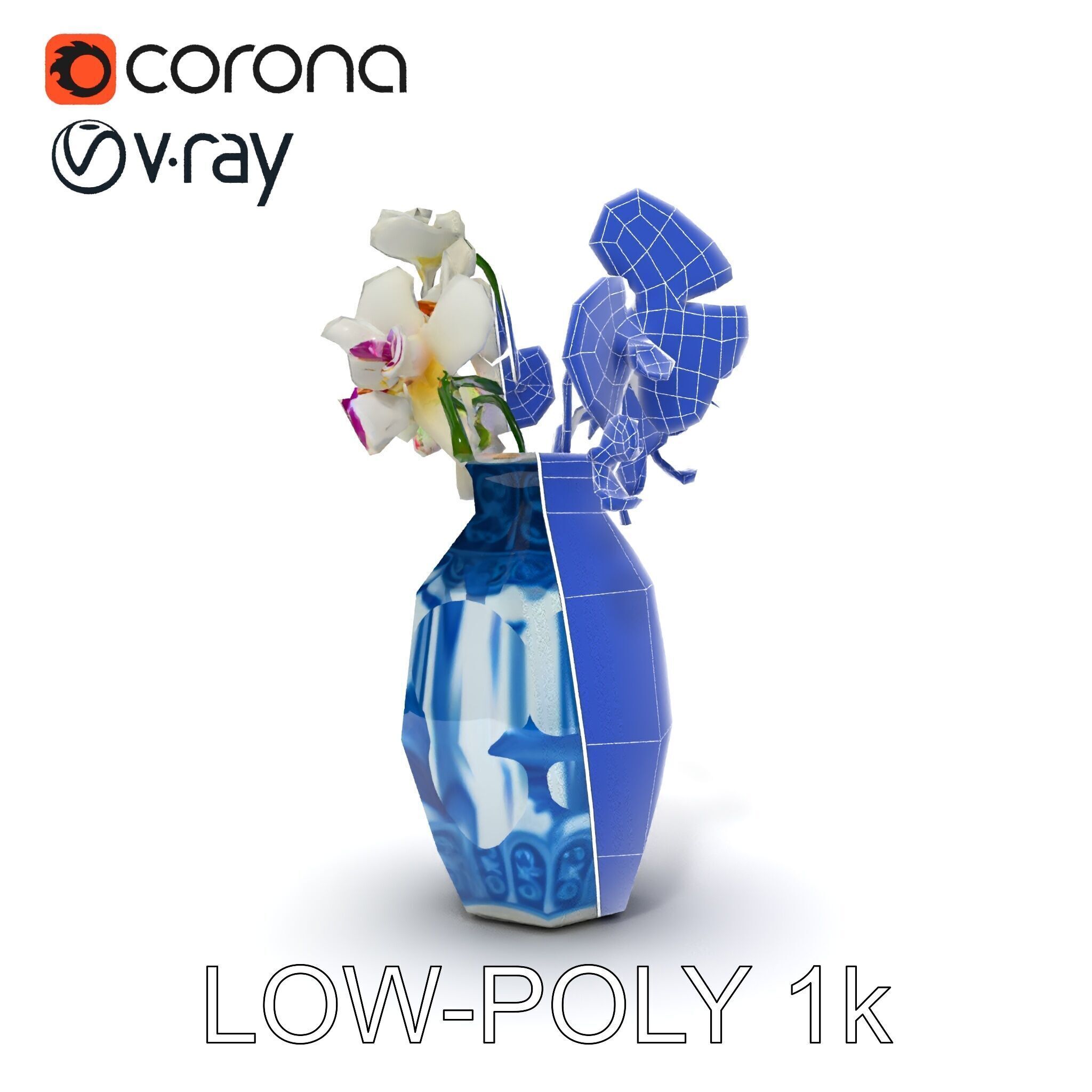 Elegant Blue Porcelain Vase with Orchids Model Pack Low-poly 3D model_31