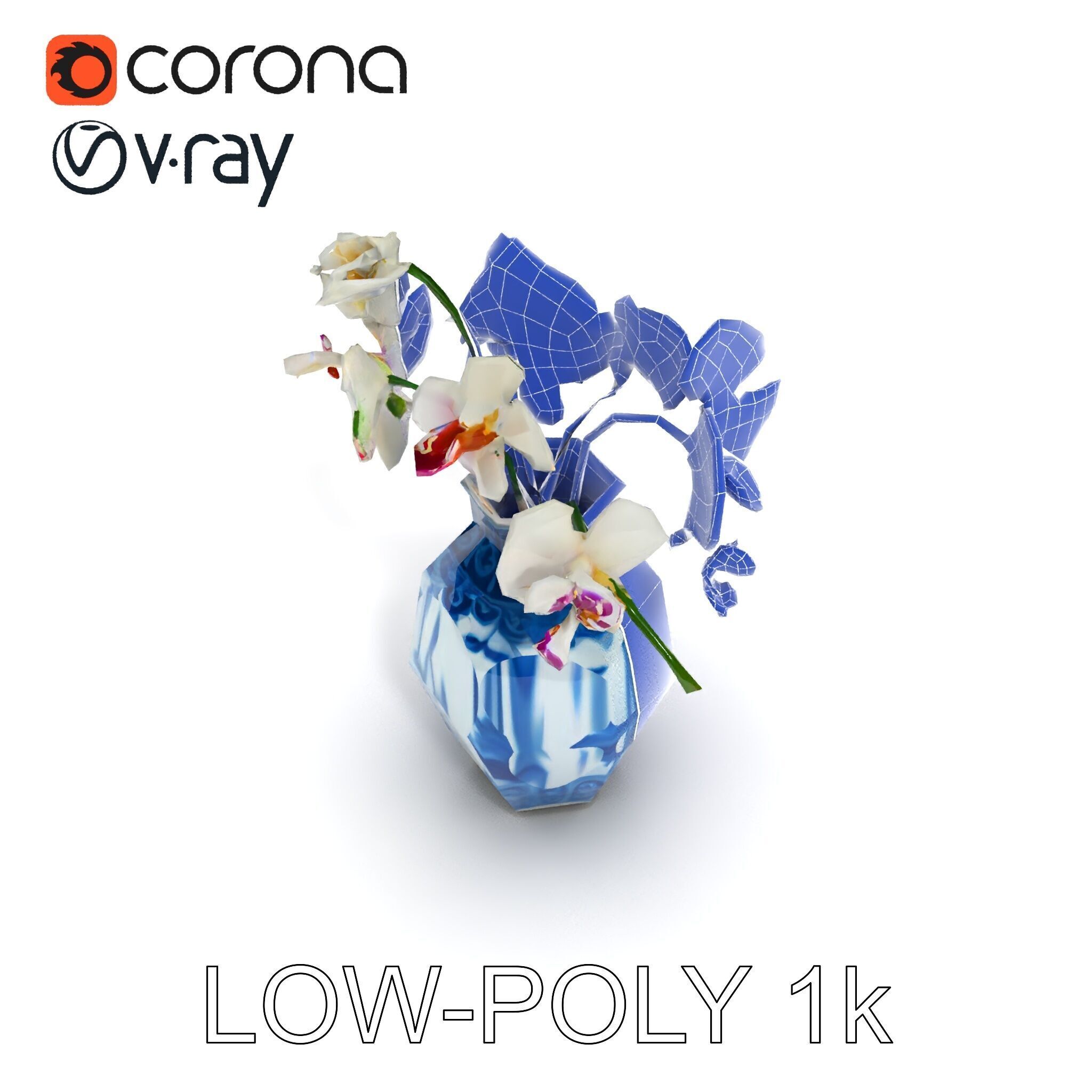 Elegant Blue Porcelain Vase with Orchids Model Pack Low-poly 3D model_18