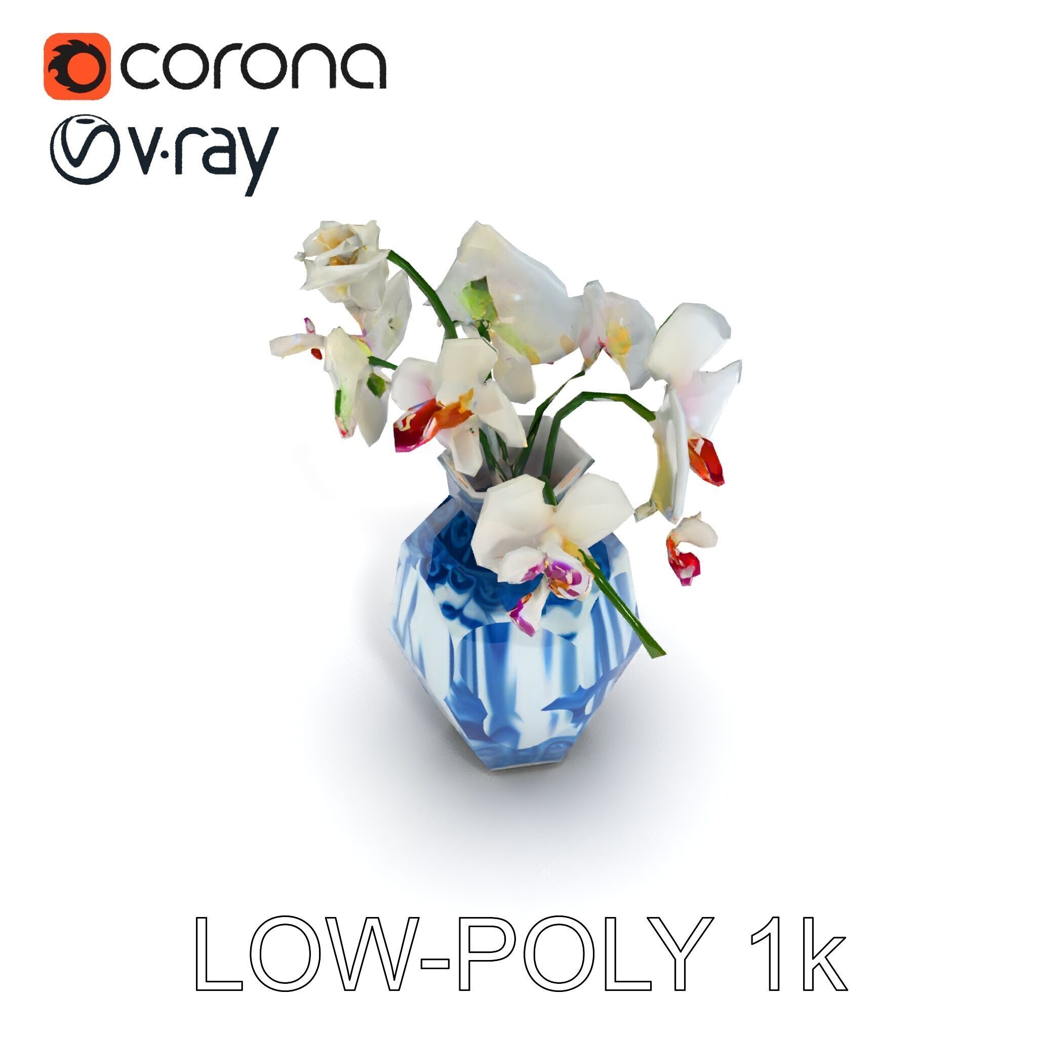 Elegant Blue Porcelain Vase with Orchids Model Pack Low-poly 3D model_34