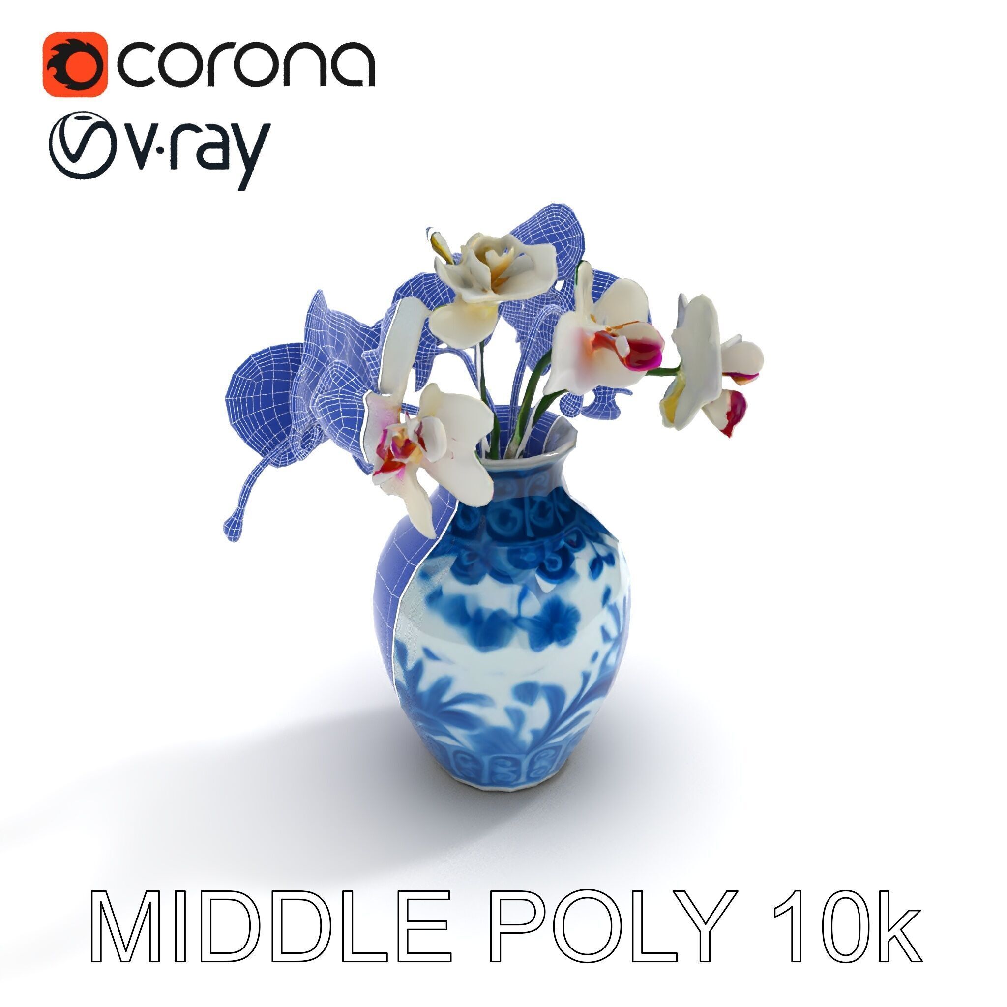 Elegant Blue Porcelain Vase with Orchids Model Pack Low-poly 3D model_6