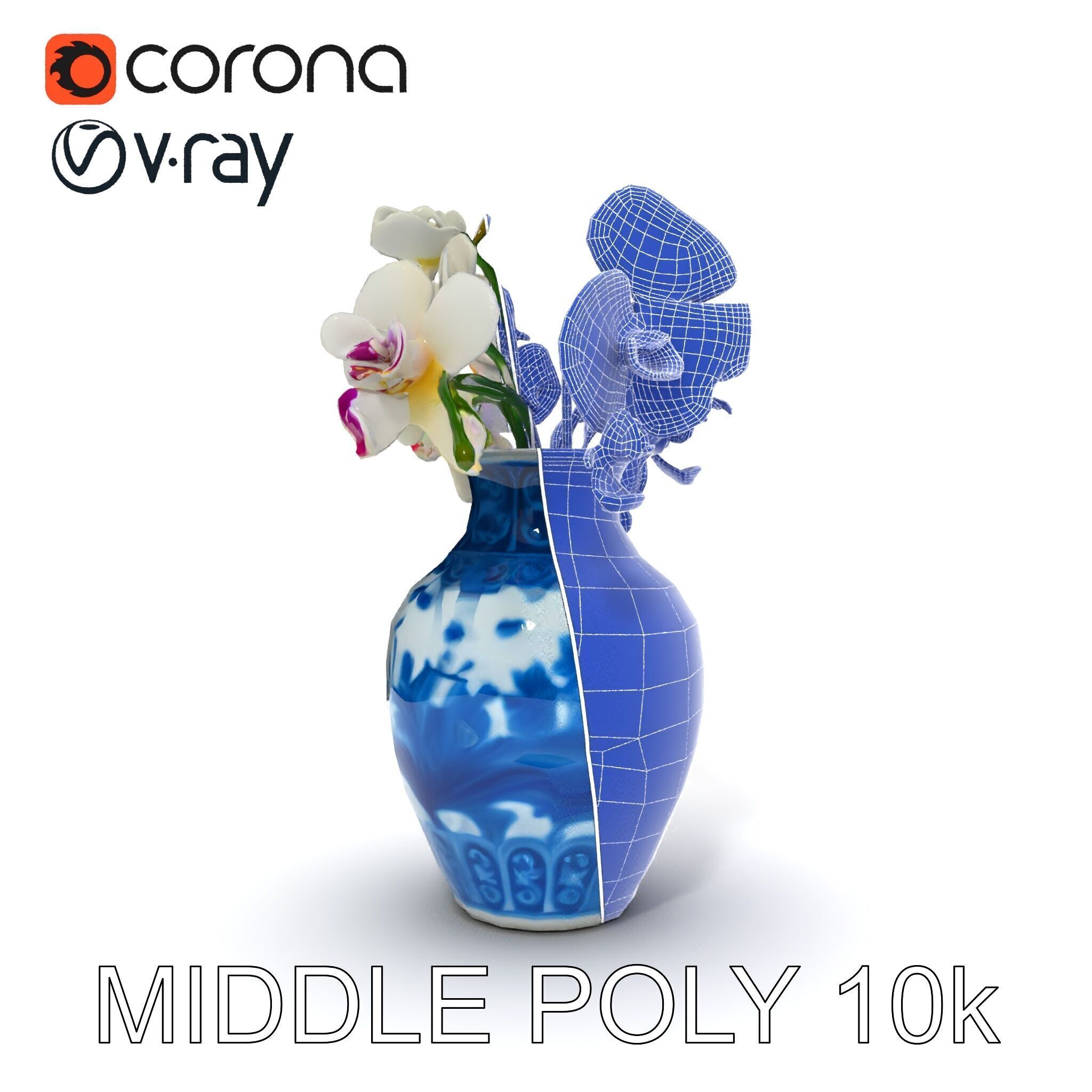 Elegant Blue Porcelain Vase with Orchids Model Pack Low-poly 3D model_33