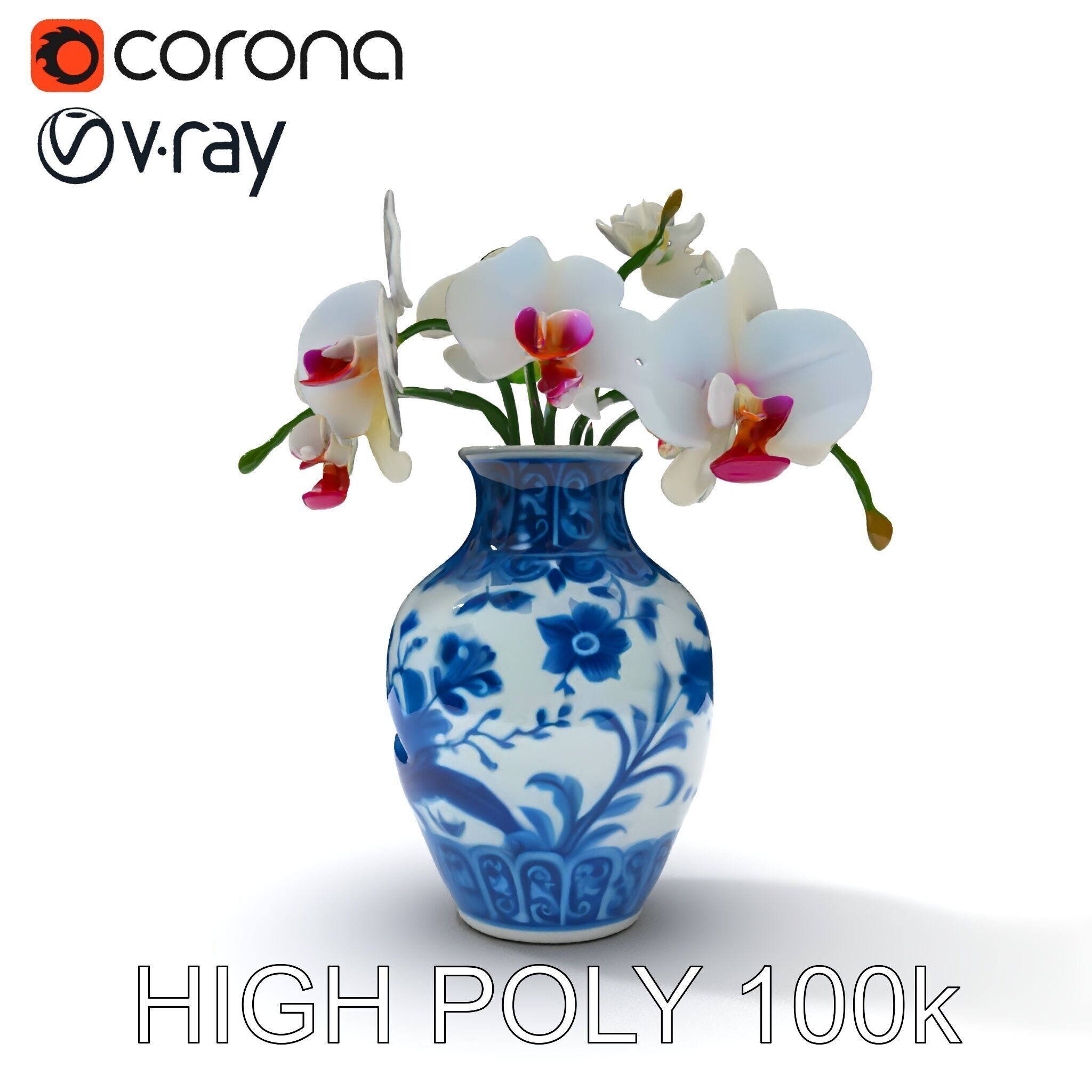 Elegant Blue Porcelain Vase with Orchids Model Pack Low-poly 3D model_25