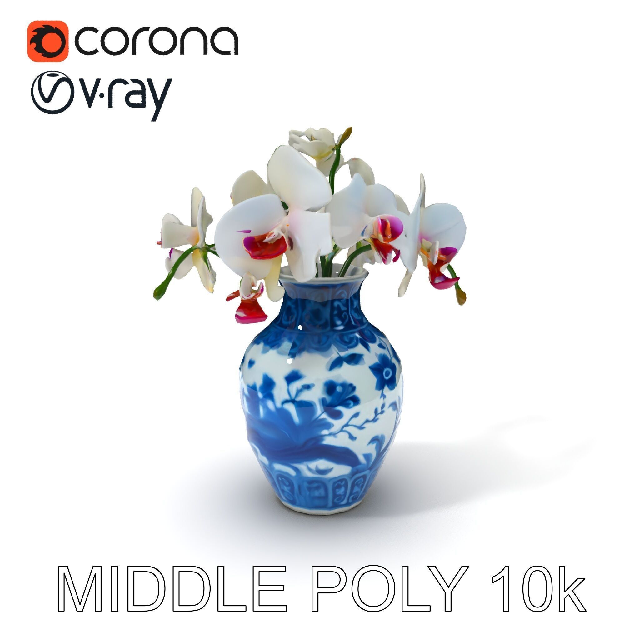 Elegant Blue Porcelain Vase with Orchids Model Pack Low-poly 3D model_17