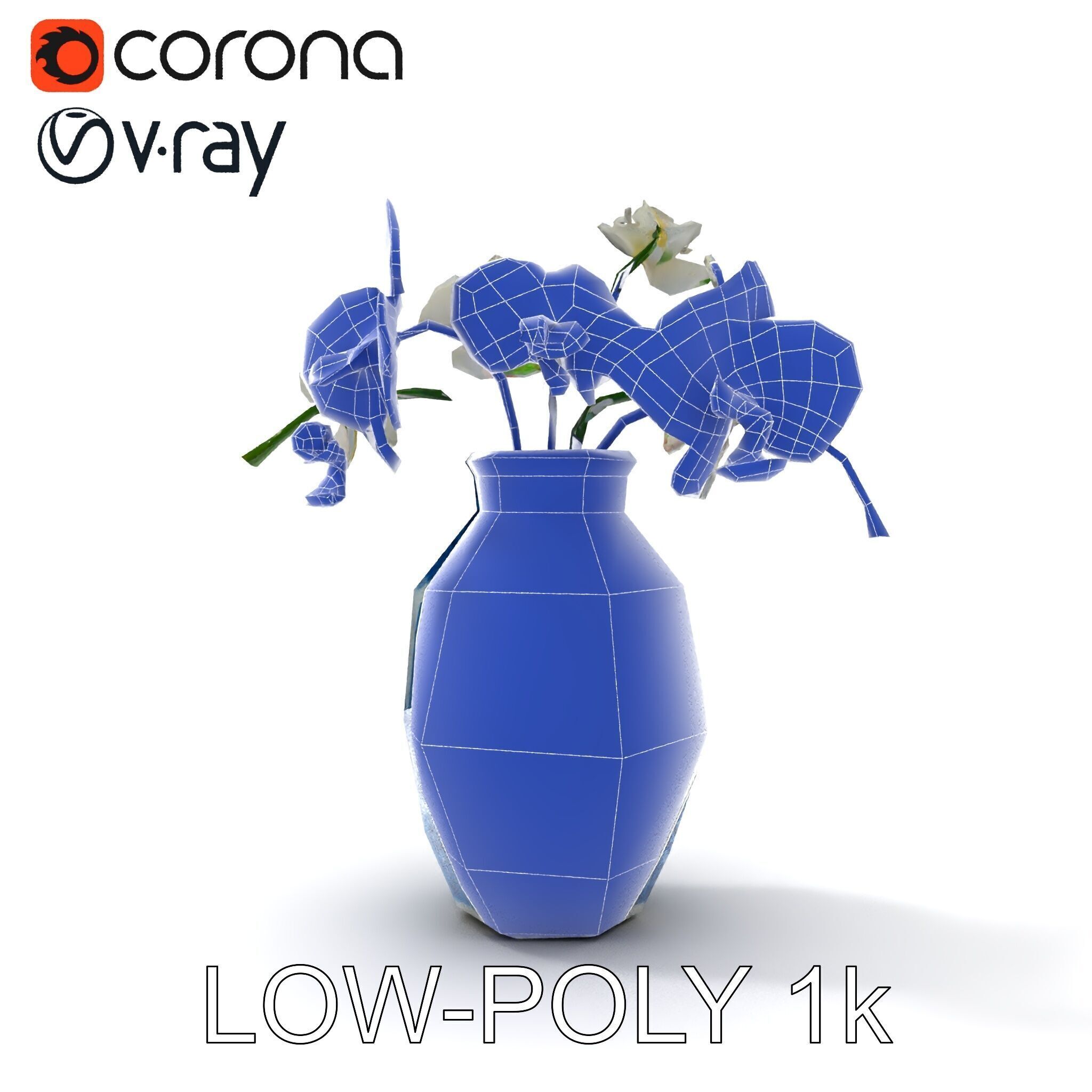 Elegant Blue Porcelain Vase with Orchids Model Pack Low-poly 3D model_10