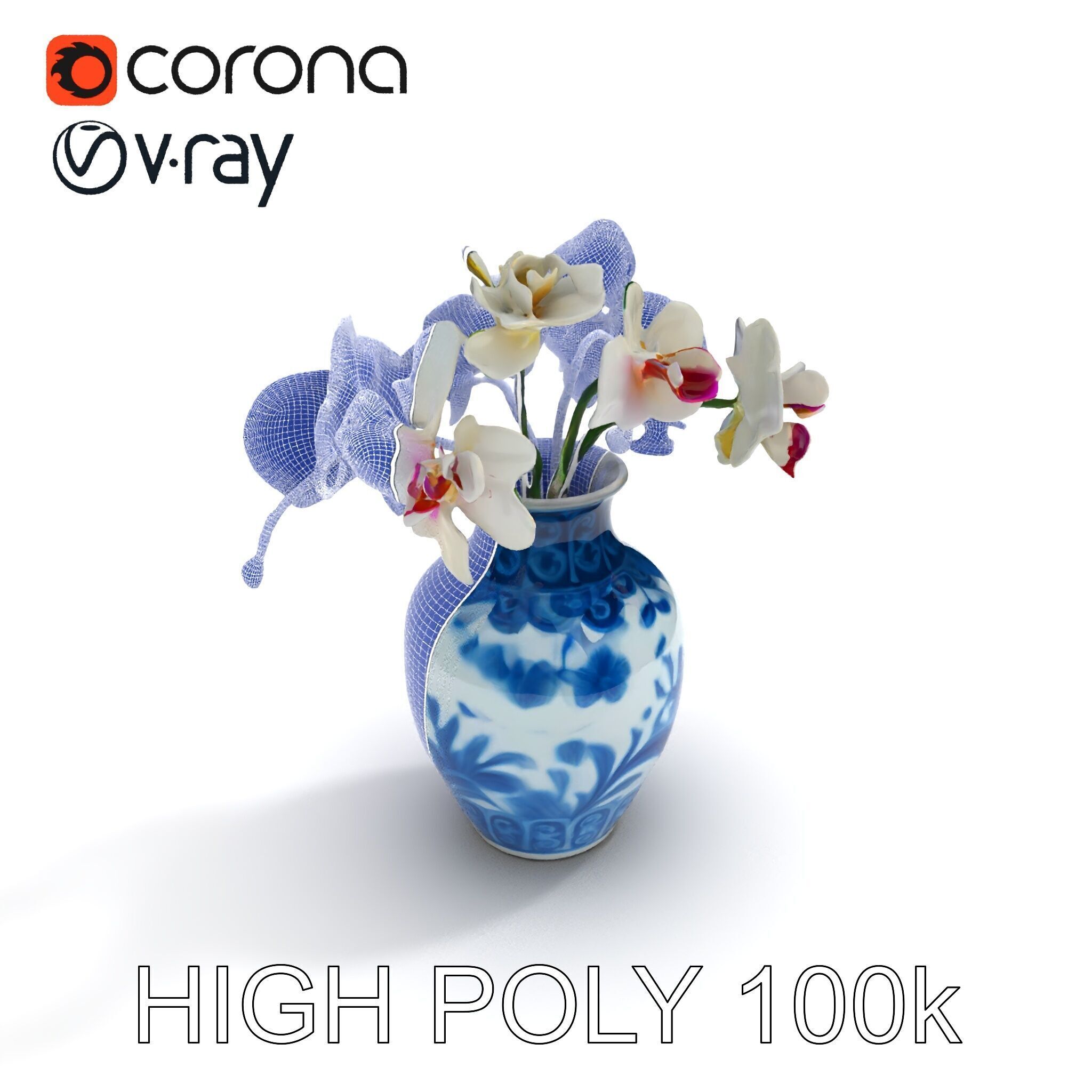 Elegant Blue Porcelain Vase with Orchids Model Pack Low-poly 3D model_35
