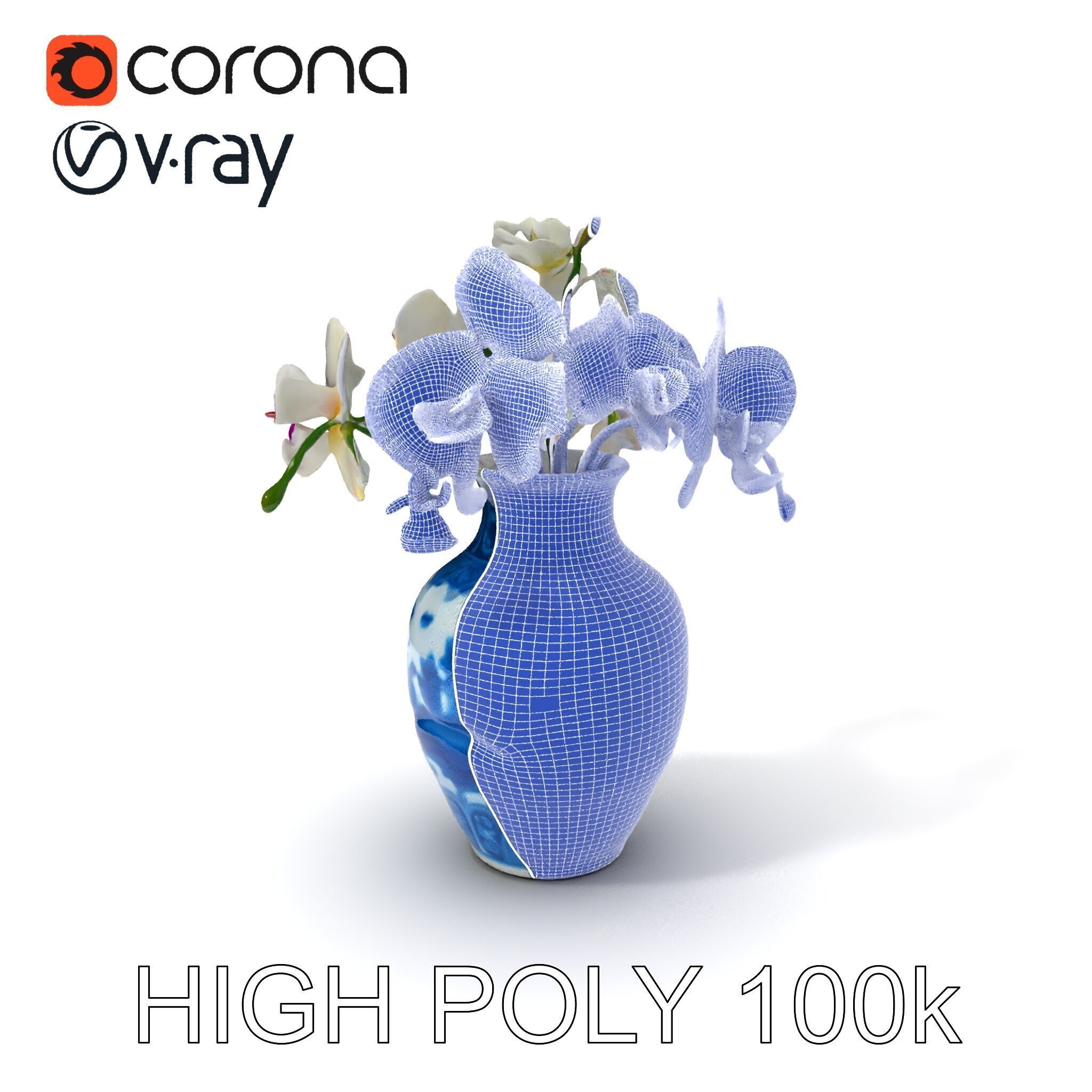 Elegant Blue Porcelain Vase with Orchids Model Pack Low-poly 3D model_3