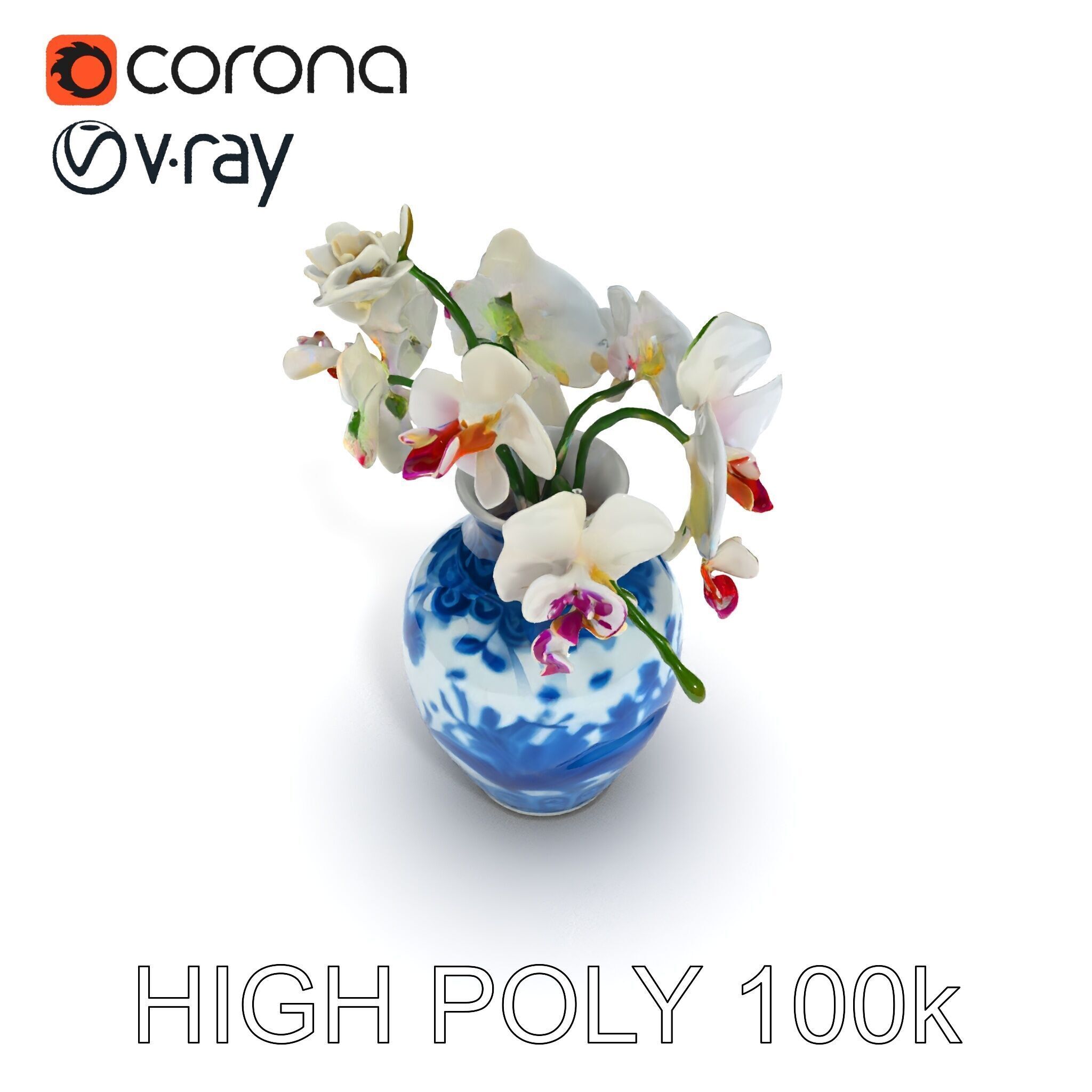 Elegant Blue Porcelain Vase with Orchids Model Pack Low-poly 3D model_32