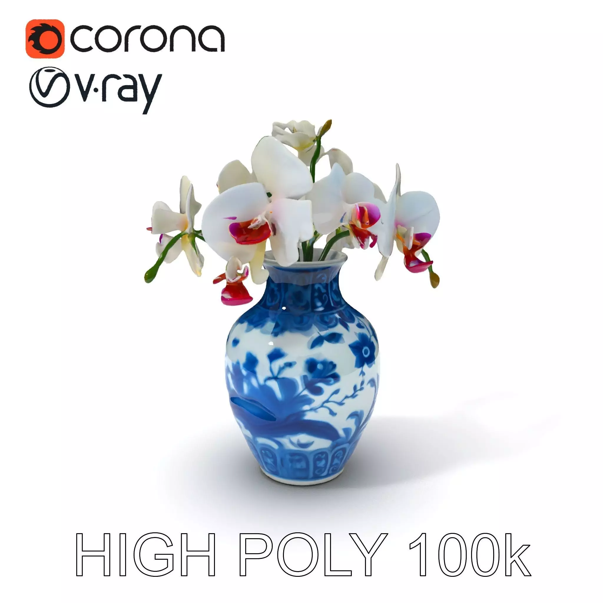 Elegant Blue Porcelain Vase with Orchids Model Pack Low-poly 3D model_0