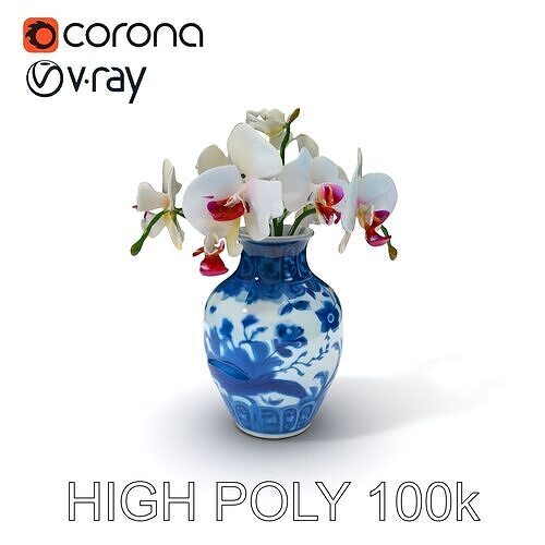 Elegant Blue Porcelain Vase with Orchids Model Pack Low-poly 3D model