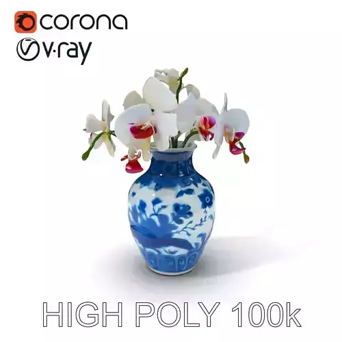 Elegant Blue Porcelain Vase with Orchids Model Pack Low-poly 3D model
