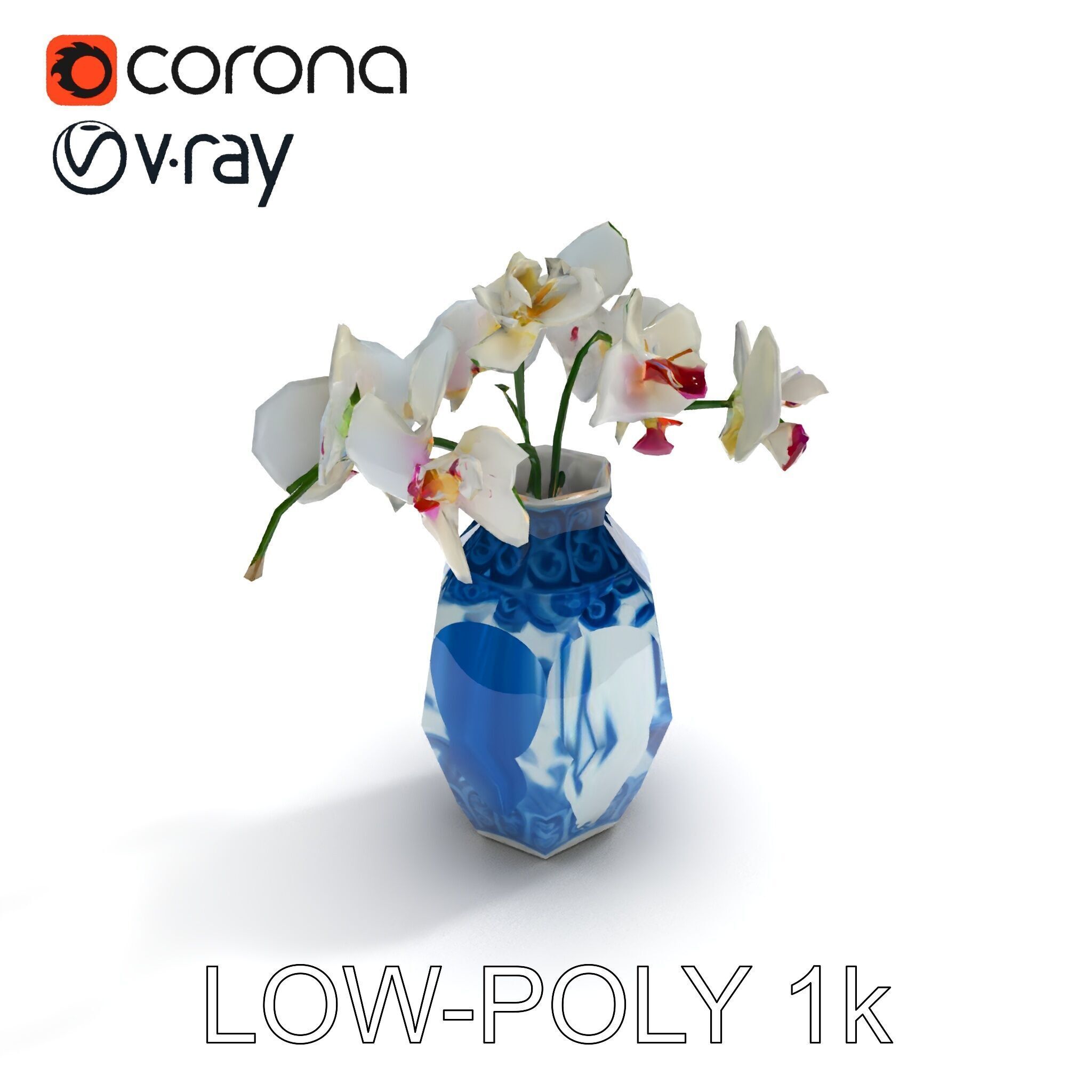 Elegant Blue Porcelain Vase with Orchids Model Pack Low-poly 3D model_21