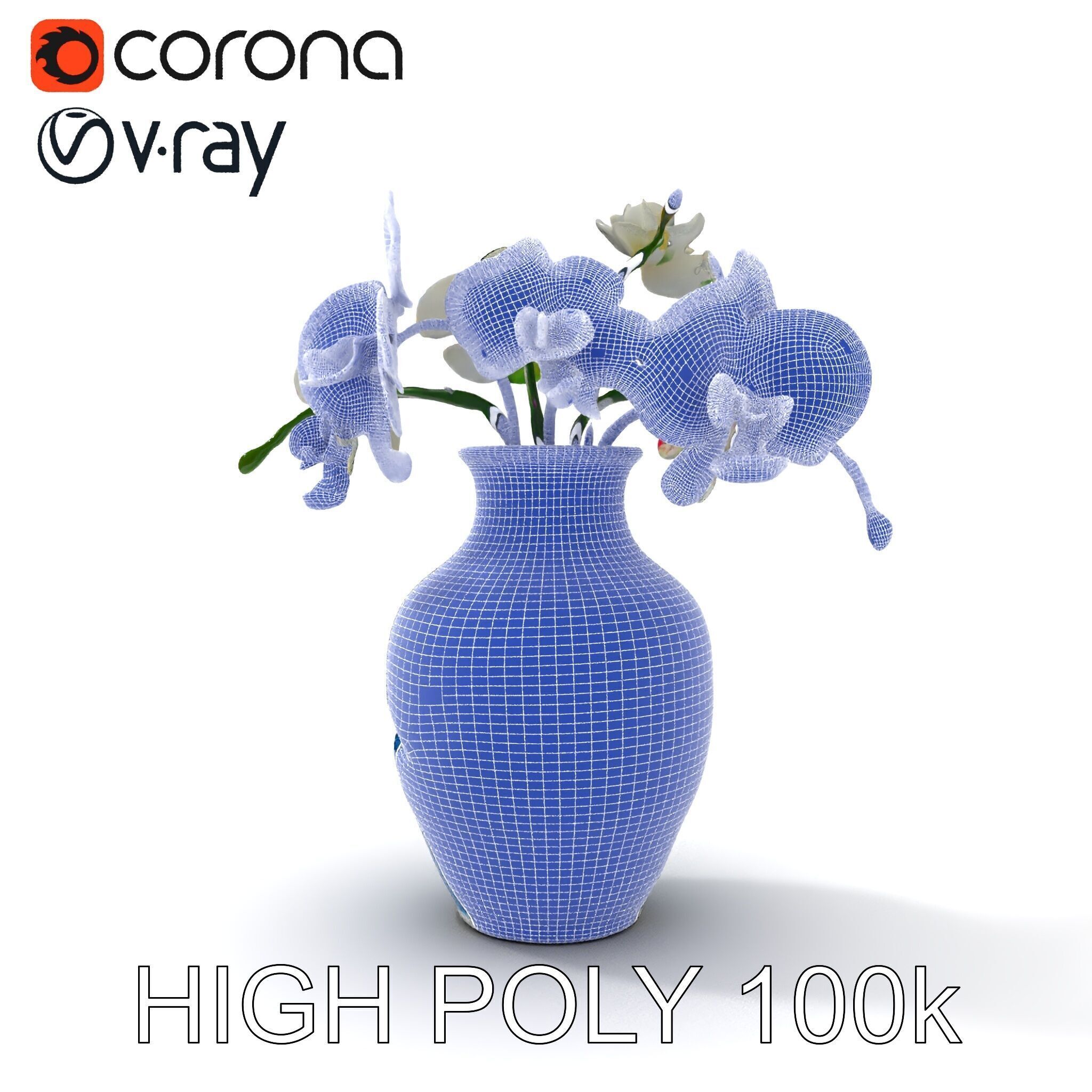 Elegant Blue Porcelain Vase with Orchids Model Pack Low-poly 3D model_11