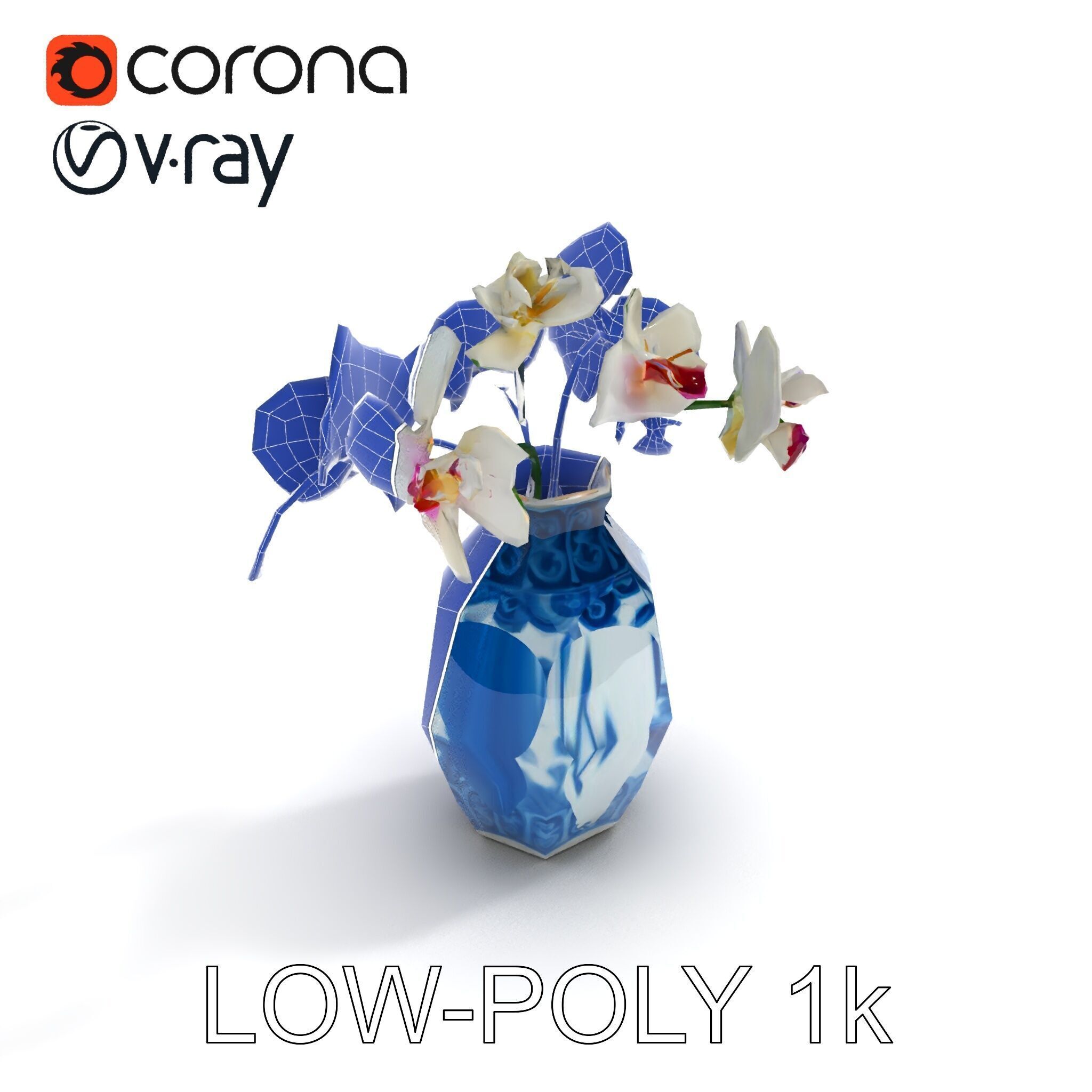Elegant Blue Porcelain Vase with Orchids Model Pack Low-poly 3D model_27