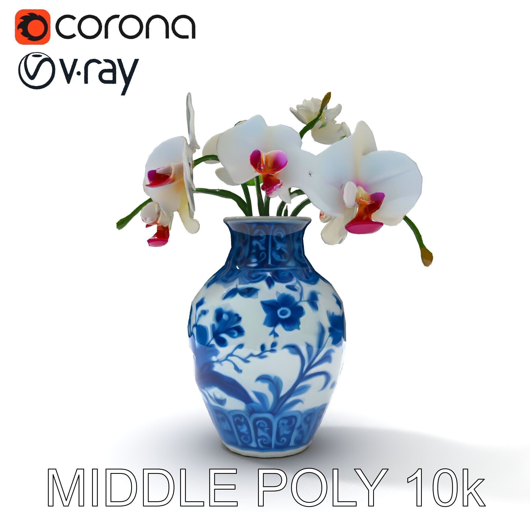 Elegant Blue Porcelain Vase with Orchids Model Pack Low-poly 3D model_9