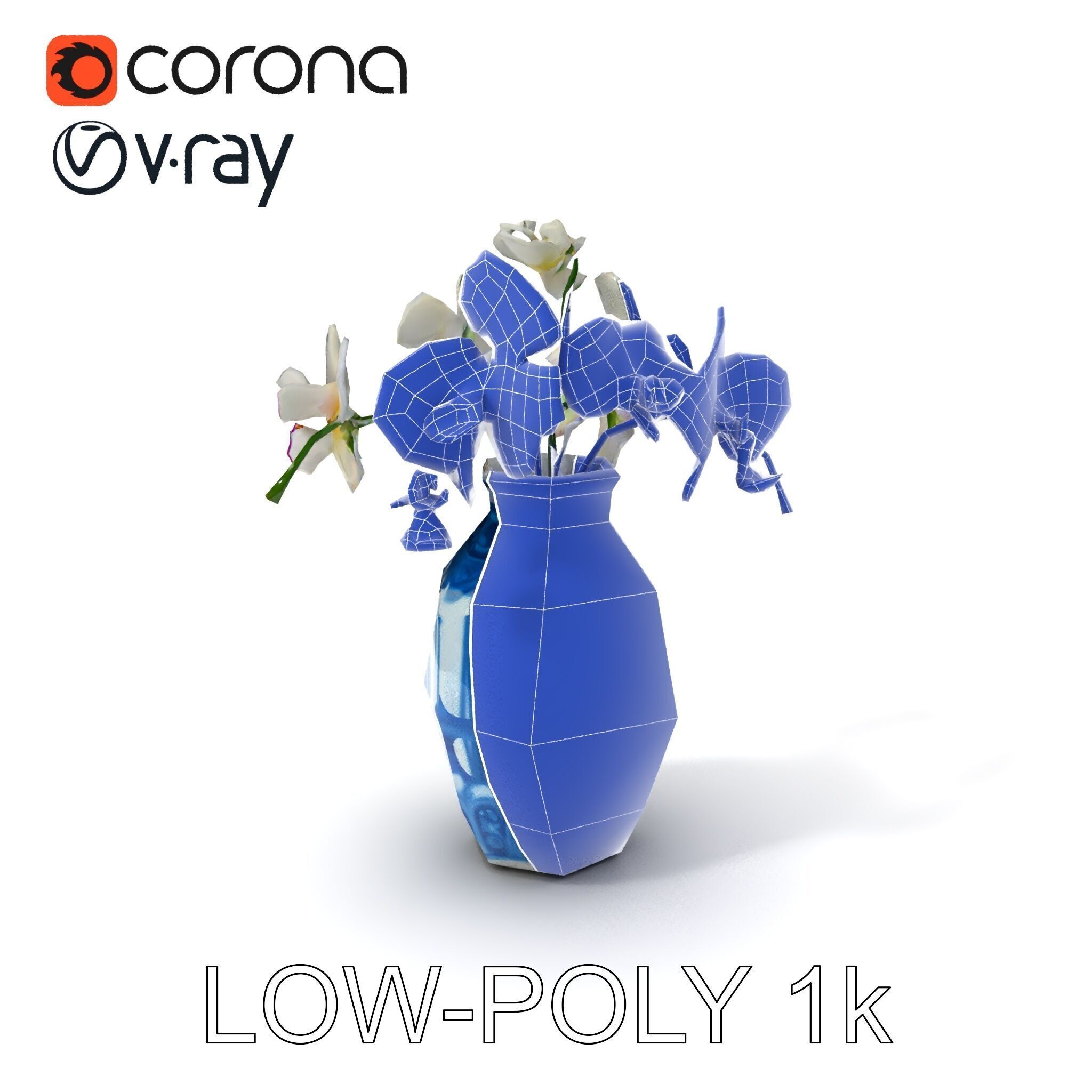 Elegant Blue Porcelain Vase with Orchids Model Pack Low-poly 3D model_24