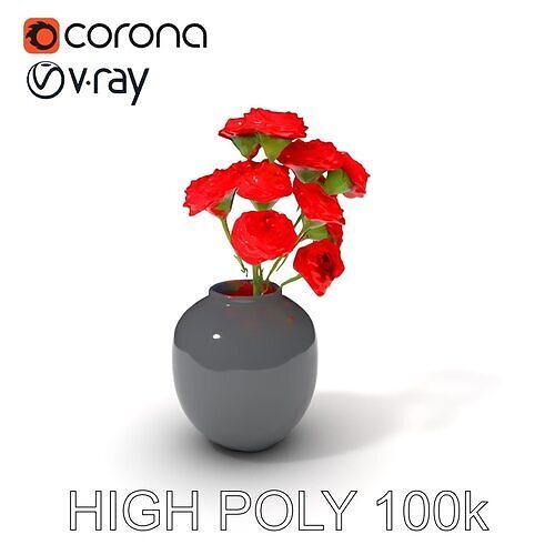Elegant Floral Vase Model Pack with Red Blossoms Low-poly 3D model