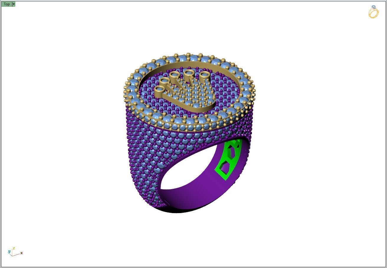 Custom Signet Rolex Crown Round Shape Diamond Ring 3D print model_12