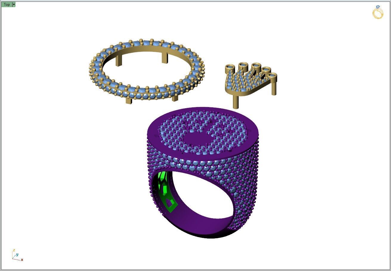 Custom Signet Rolex Crown Round Shape Diamond Ring 3D print model_10