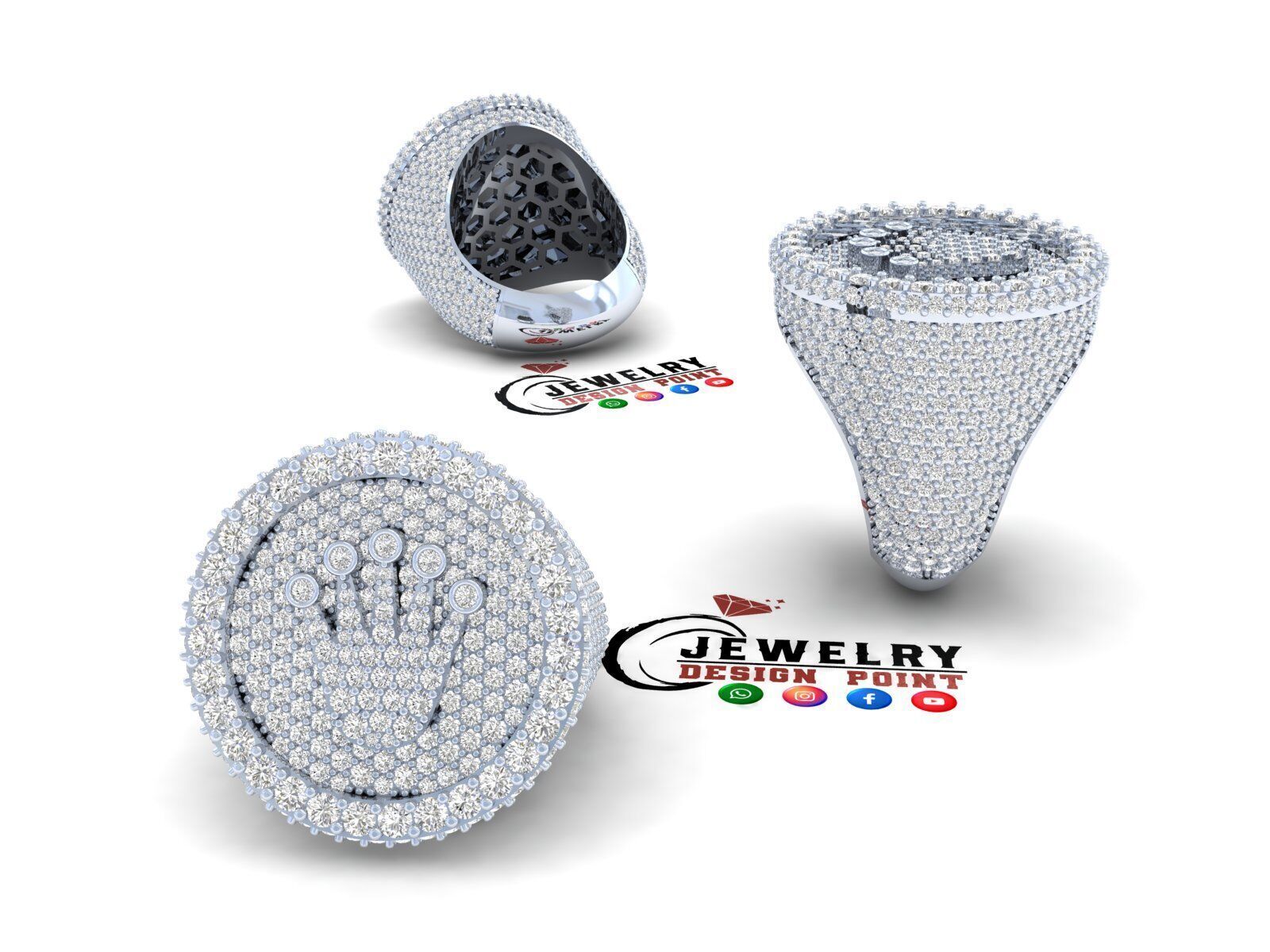 Custom Signet Rolex Crown Round Shape Diamond Ring 3D print model_2