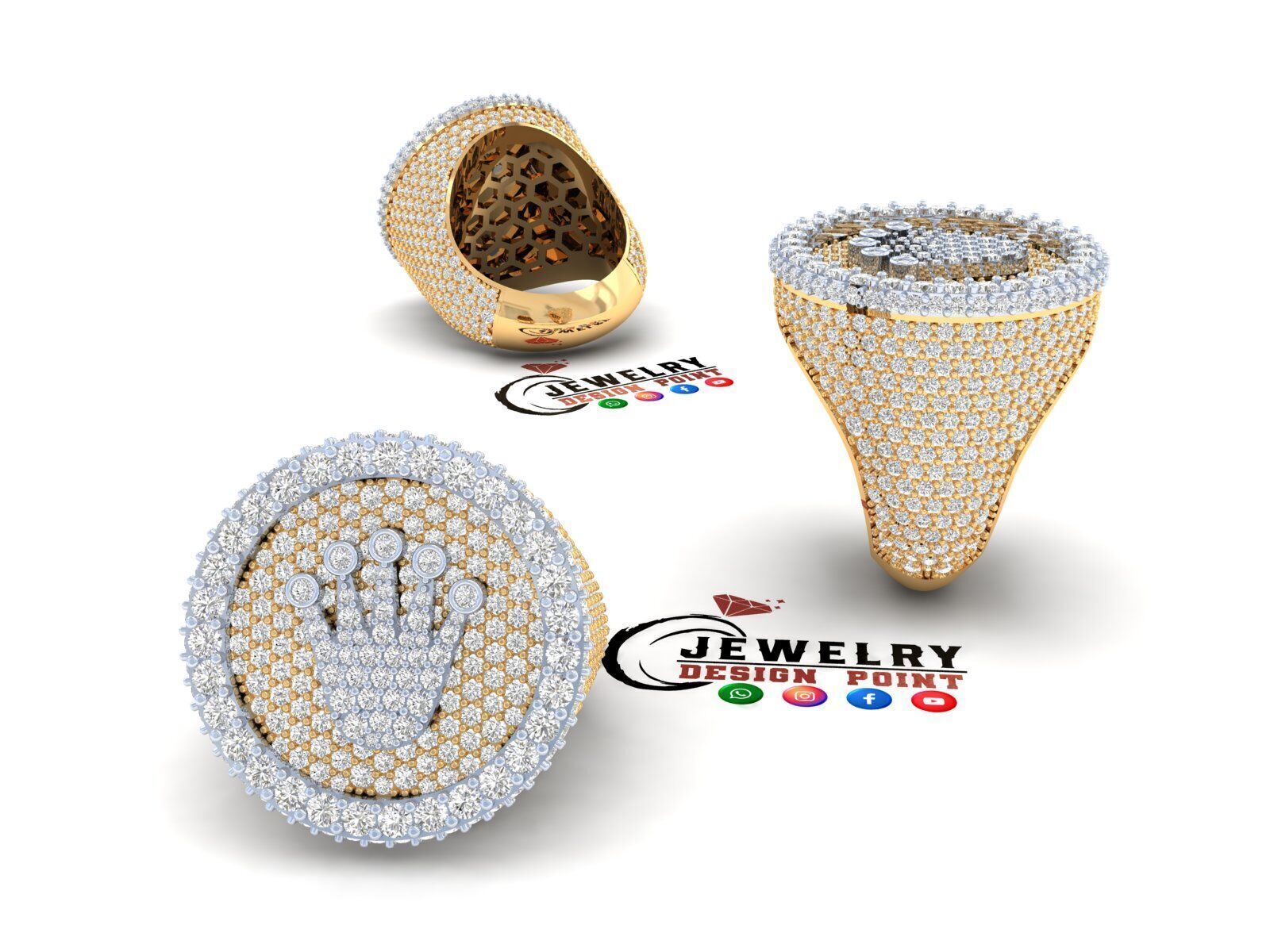 Custom Signet Rolex Crown Round Shape Diamond Ring 3D print model_3