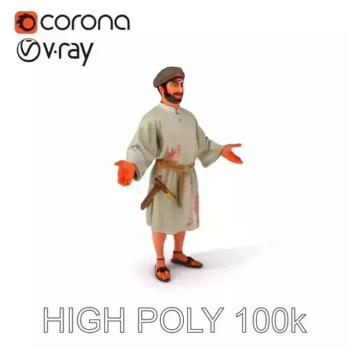 Friendly Medieval Artist in Traditional Attire D Character Model Low-poly 3D model