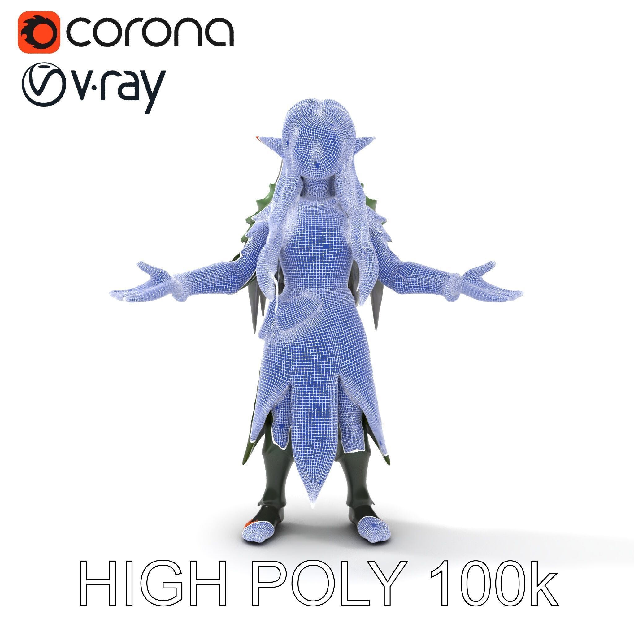 Elven Warrior Princess D Model with Green Armor and Silver Hair Low-poly 3D model_36