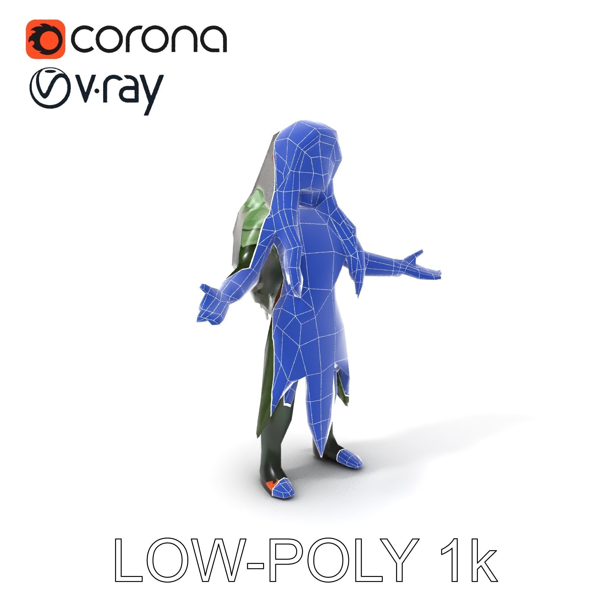 Elven Warrior Princess D Model with Green Armor and Silver Hair Low-poly 3D model_25