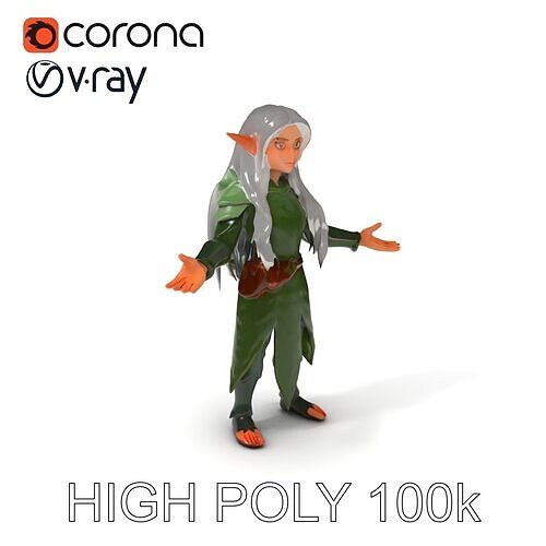 Elven Warrior Princess D Model with Green Armor and Silver Hair Low-poly 3D model