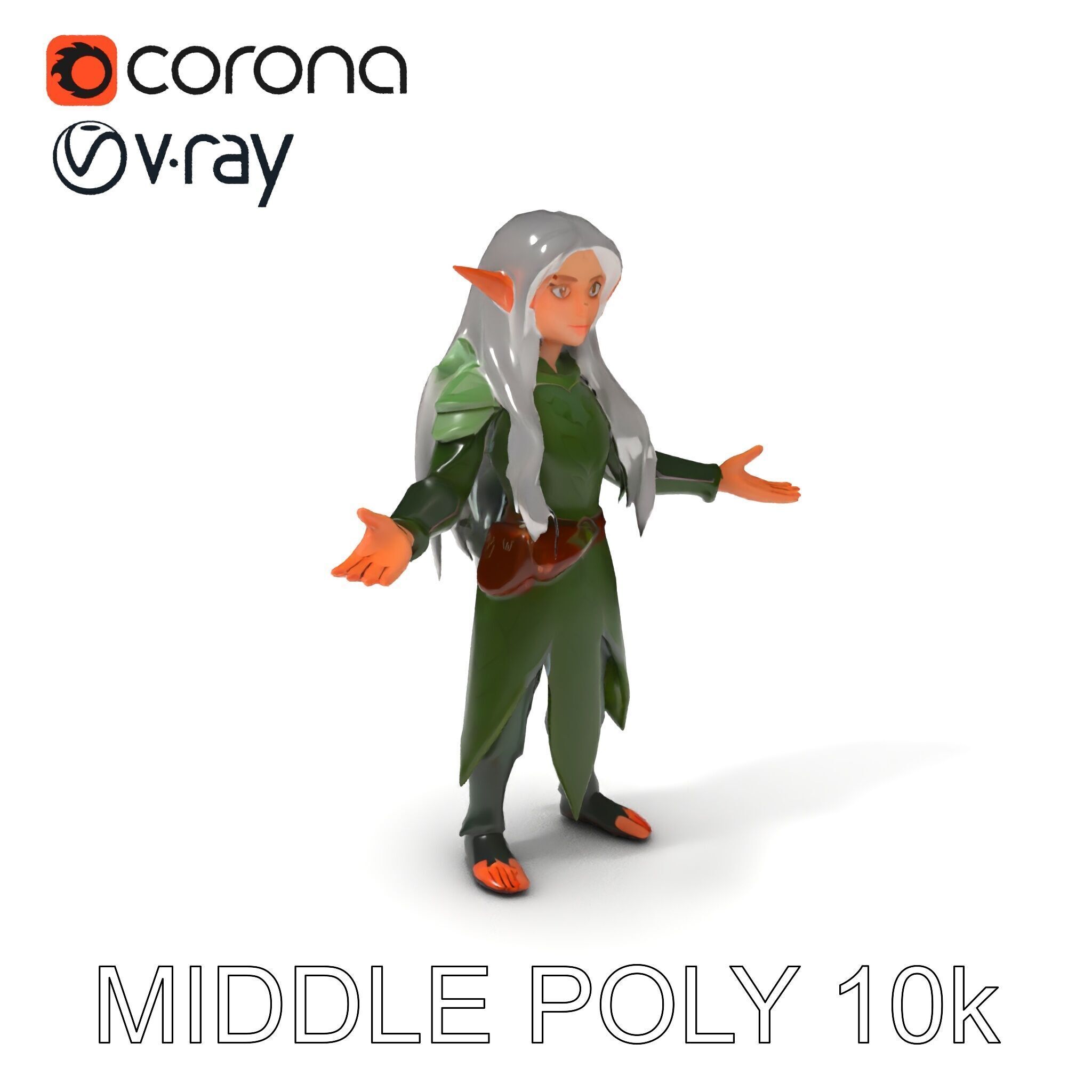Elven Warrior Princess D Model with Green Armor and Silver Hair Low-poly 3D model_12