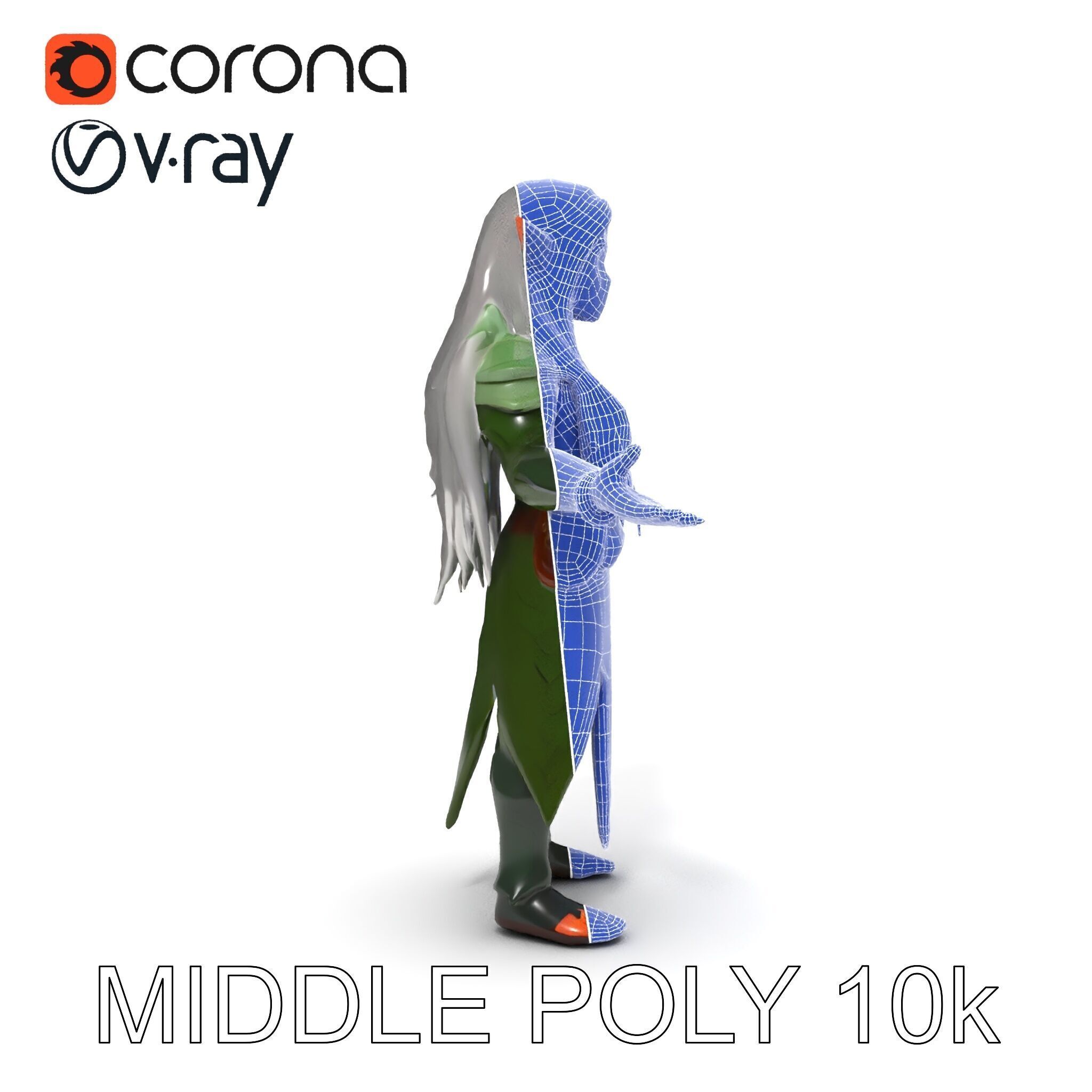 Elven Warrior Princess D Model with Green Armor and Silver Hair Low-poly 3D model_30