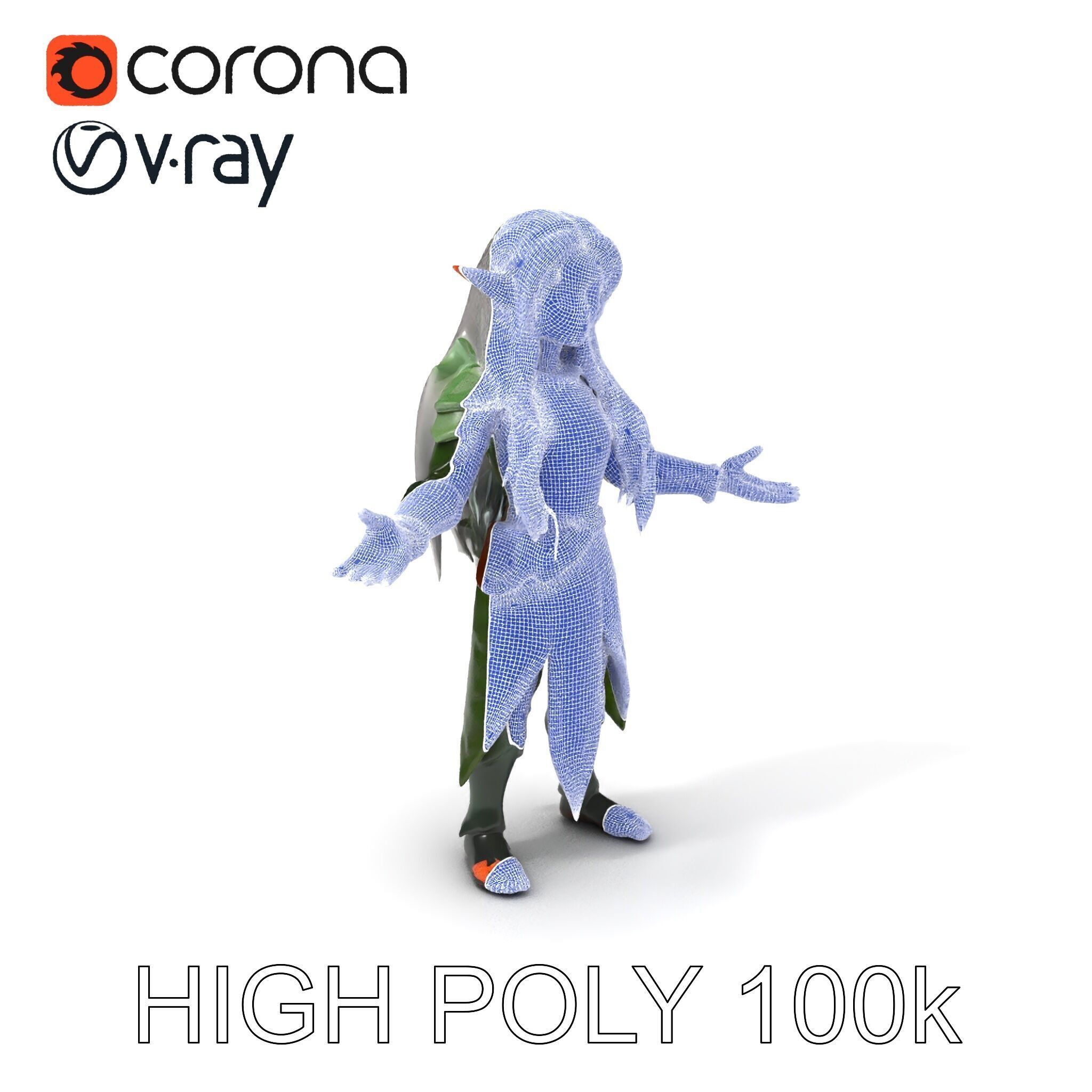 Elven Warrior Princess D Model with Green Armor and Silver Hair Low-poly 3D model_3