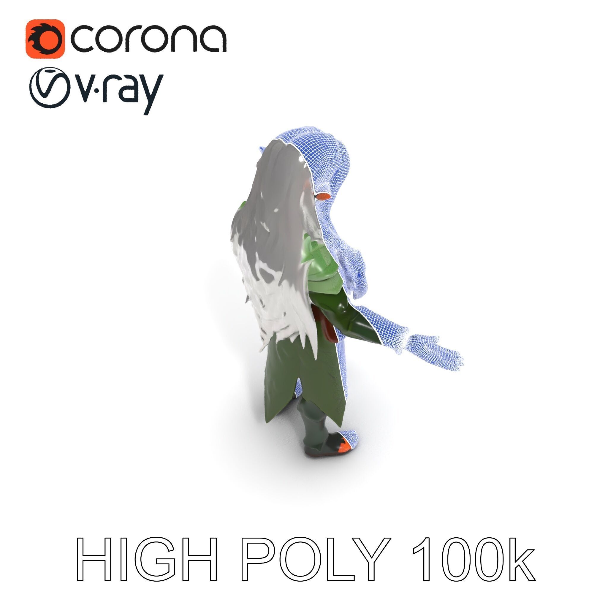 Elven Warrior Princess D Model with Green Armor and Silver Hair Low-poly 3D model_29