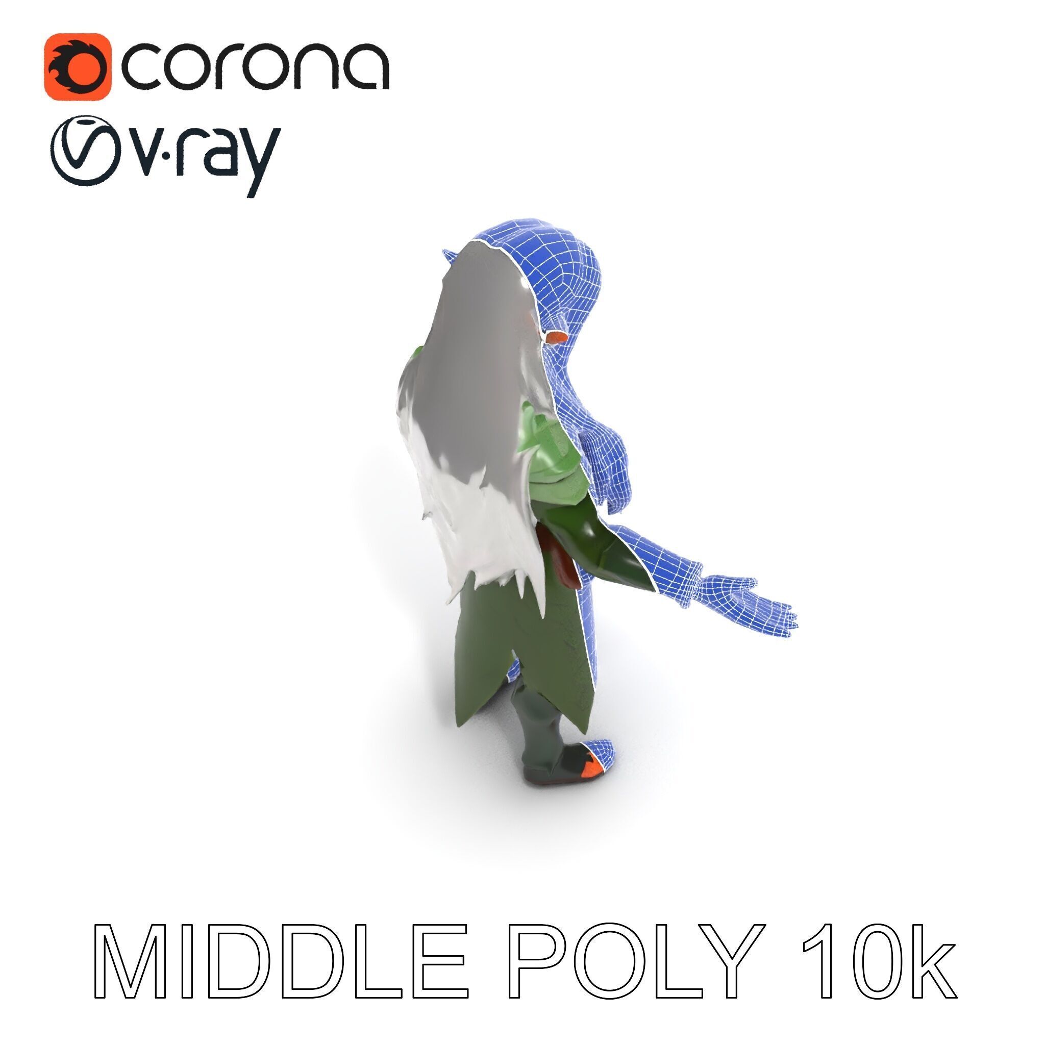 Elven Warrior Princess D Model with Green Armor and Silver Hair Low-poly 3D model_15