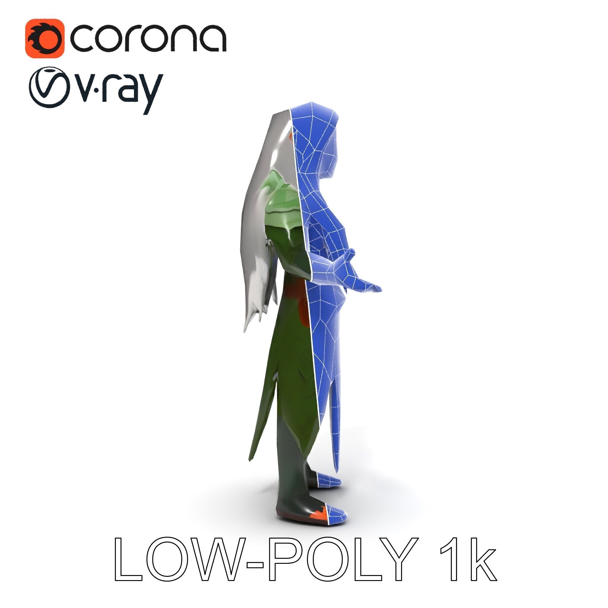 Elven Warrior Princess D Model with Green Armor and Silver Hair Low-poly 3D model_16