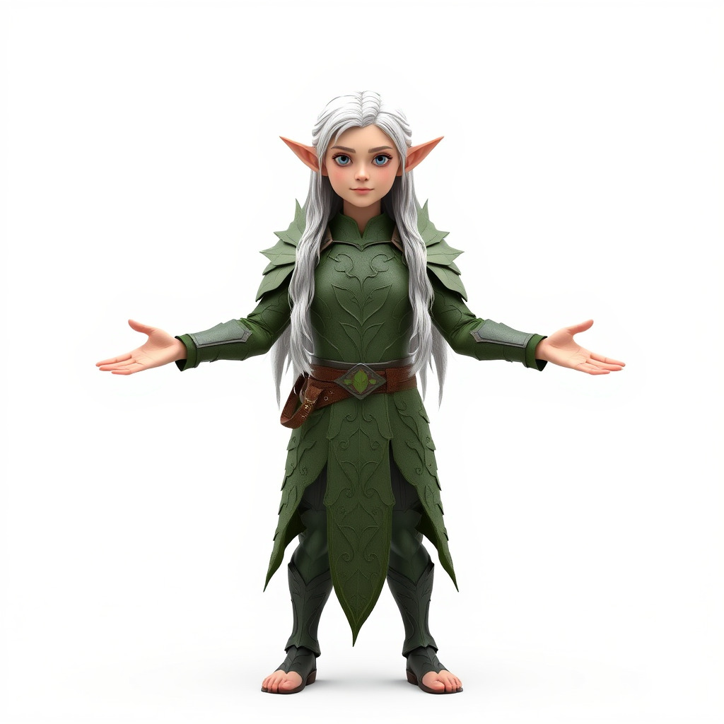 Elven Warrior Princess D Model with Green Armor and Silver Hair Low-poly 3D model_4