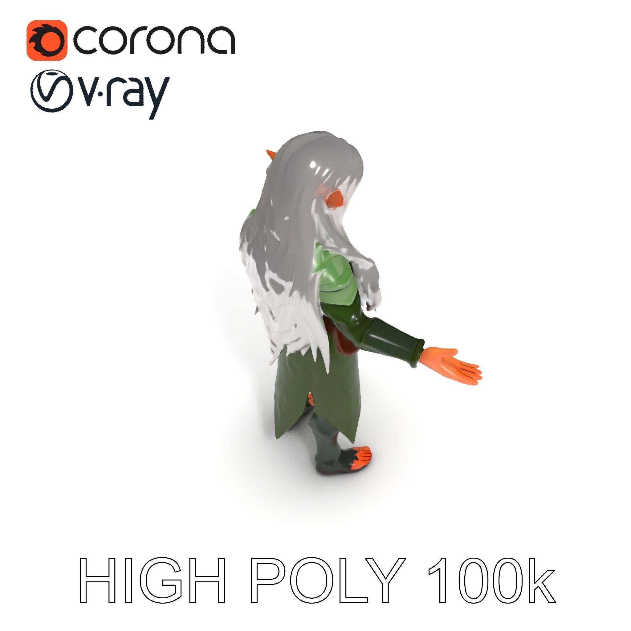 Elven Warrior Princess D Model with Green Armor and Silver Hair Low-poly 3D model_11