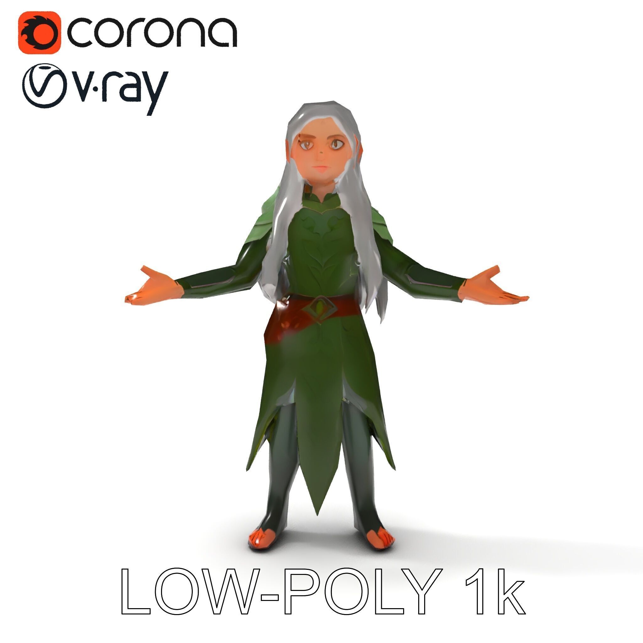 Elven Warrior Princess D Model with Green Armor and Silver Hair Low-poly 3D model_10