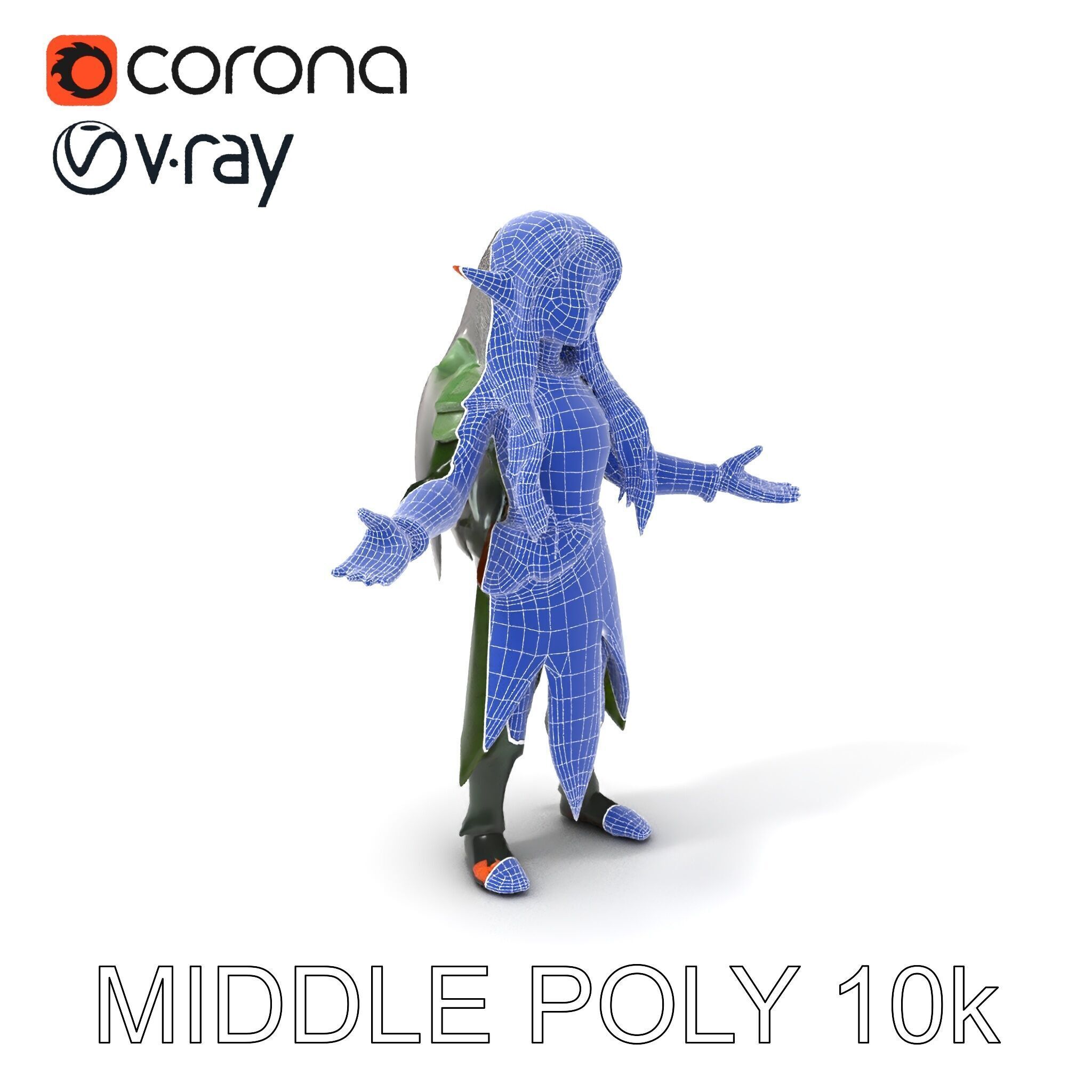 Elven Warrior Princess D Model with Green Armor and Silver Hair Low-poly 3D model_27