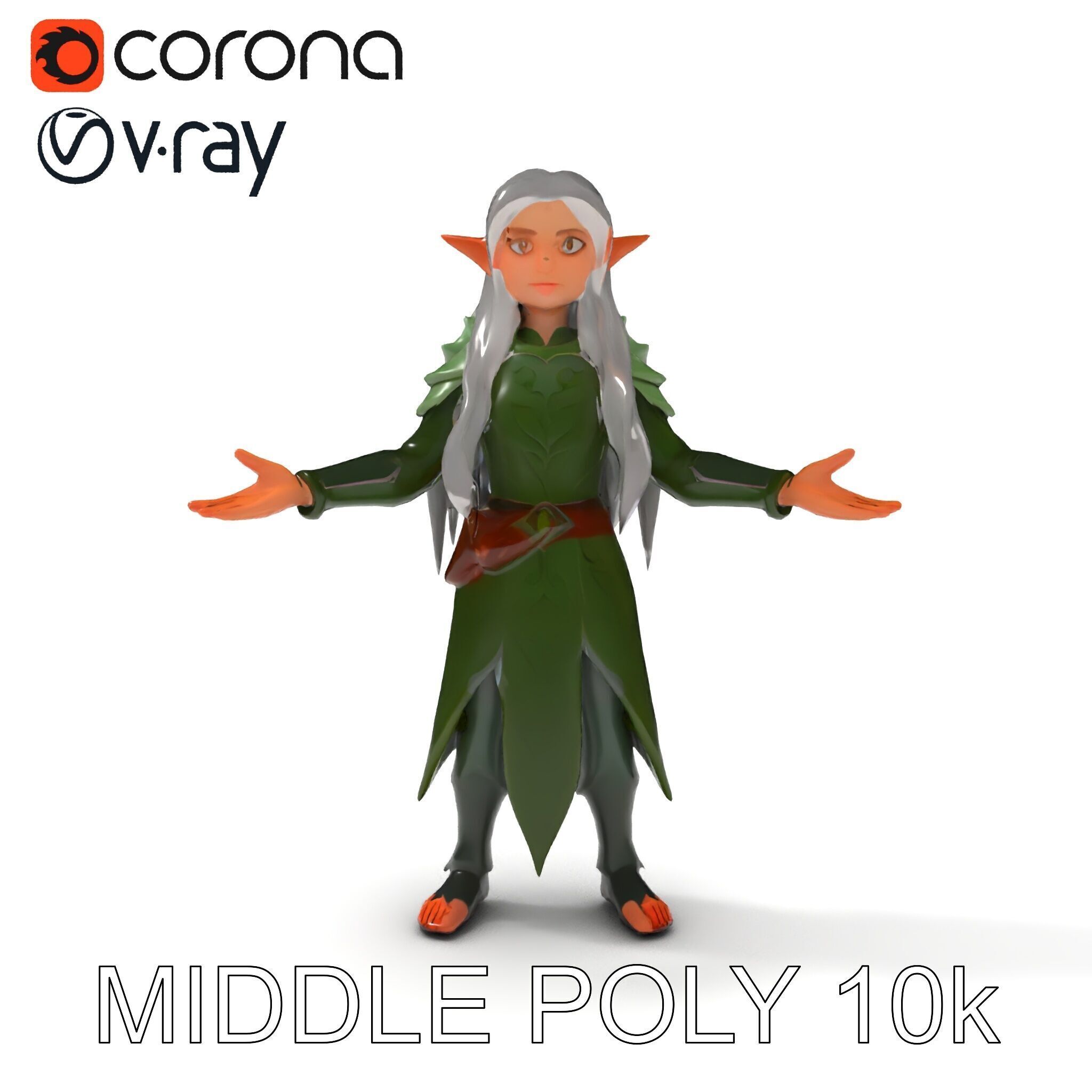 Elven Warrior Princess D Model with Green Armor and Silver Hair Low-poly 3D model_19