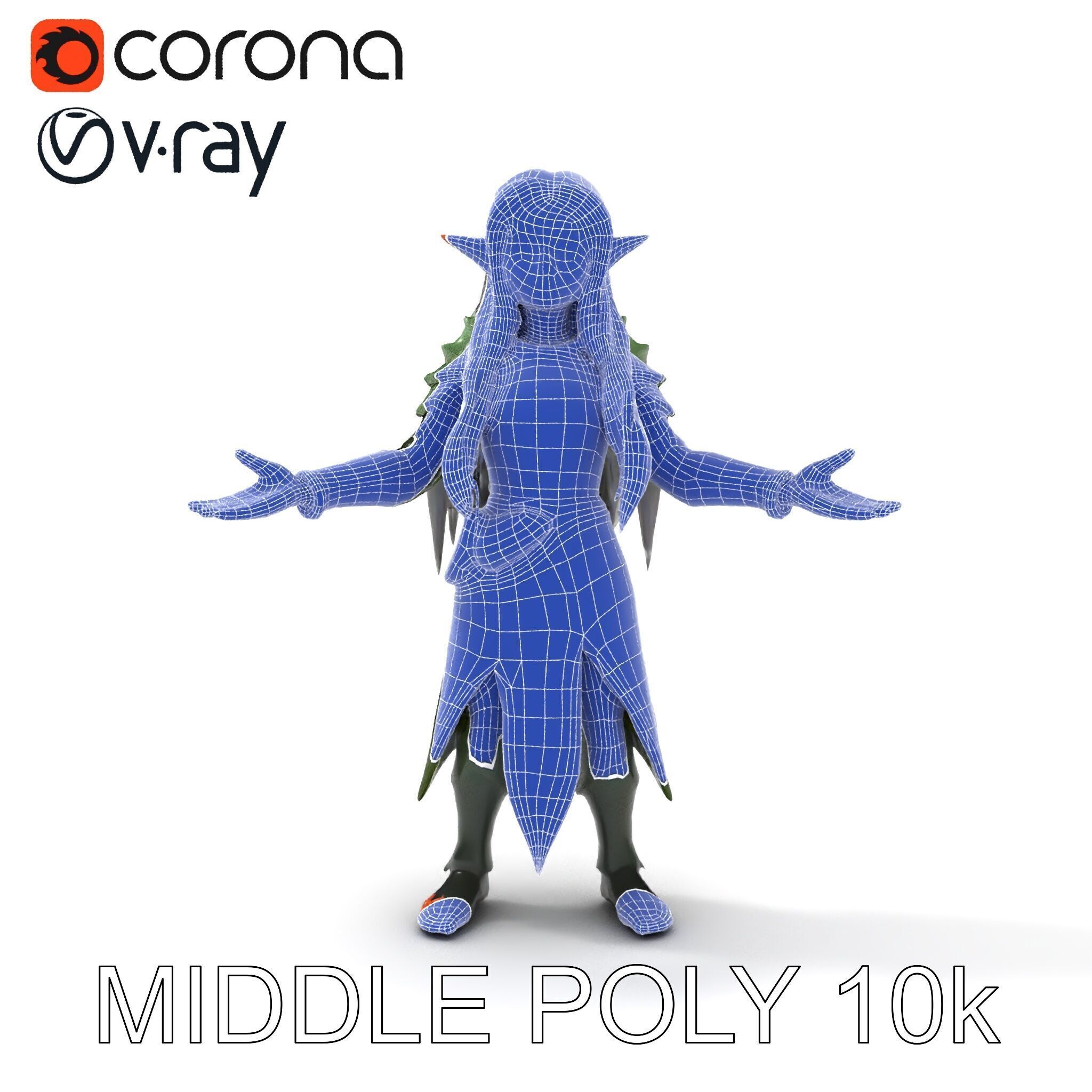 Elven Warrior Princess D Model with Green Armor and Silver Hair Low-poly 3D model_9