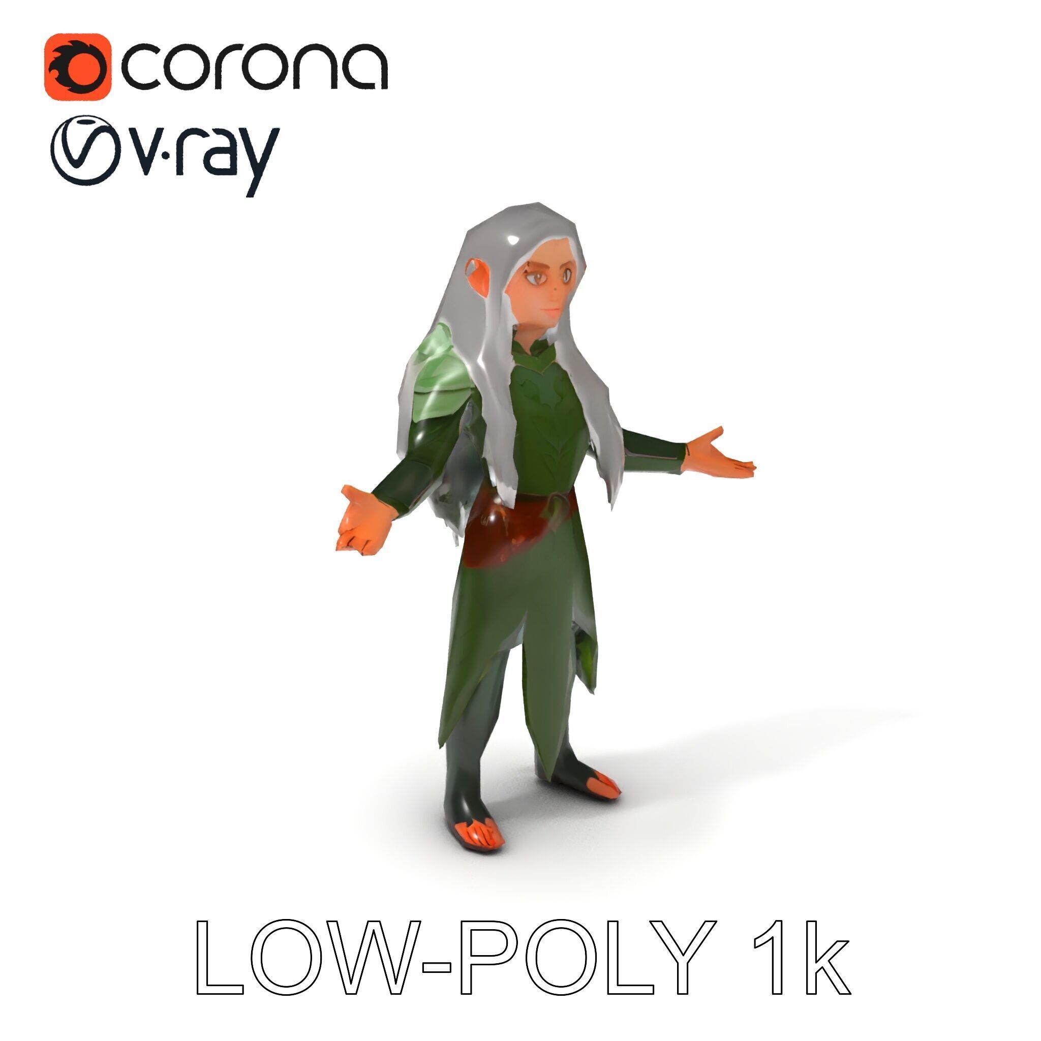 Elven Warrior Princess D Model with Green Armor and Silver Hair Low-poly 3D model_31