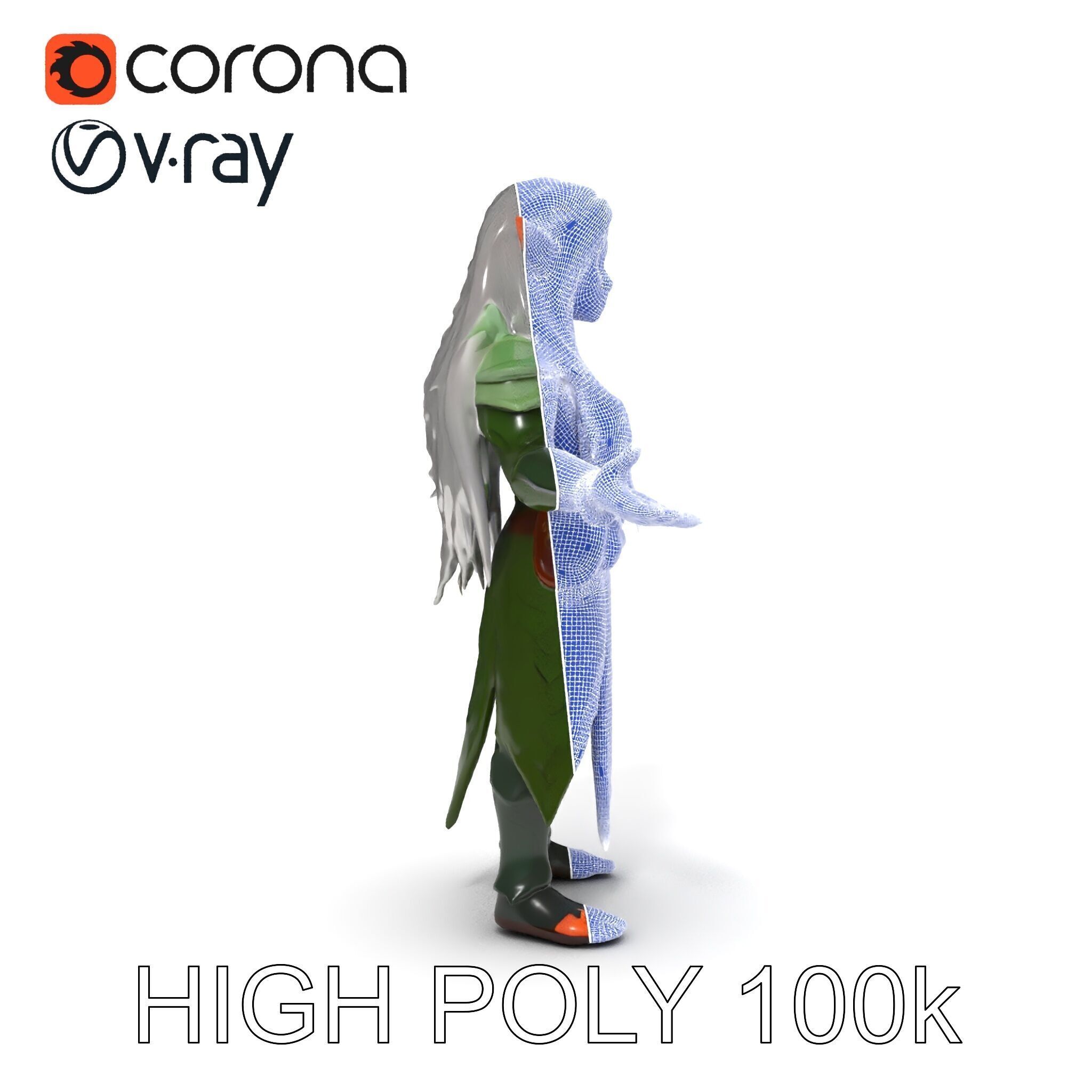 Elven Warrior Princess D Model with Green Armor and Silver Hair Low-poly 3D model_14
