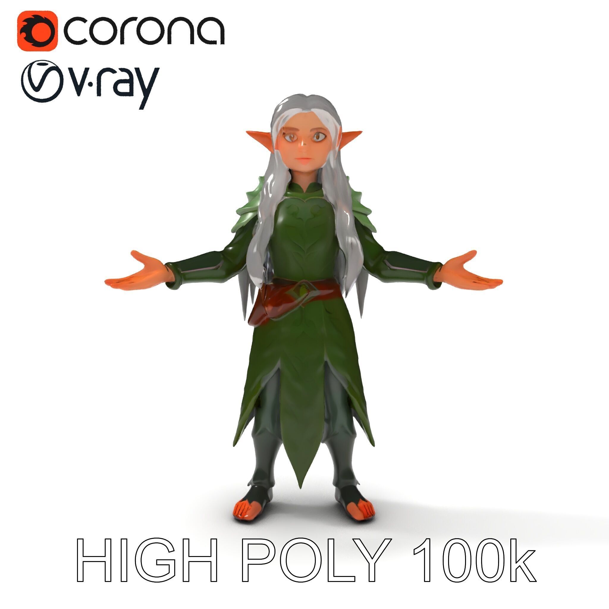 Elven Warrior Princess D Model with Green Armor and Silver Hair Low-poly 3D model_23