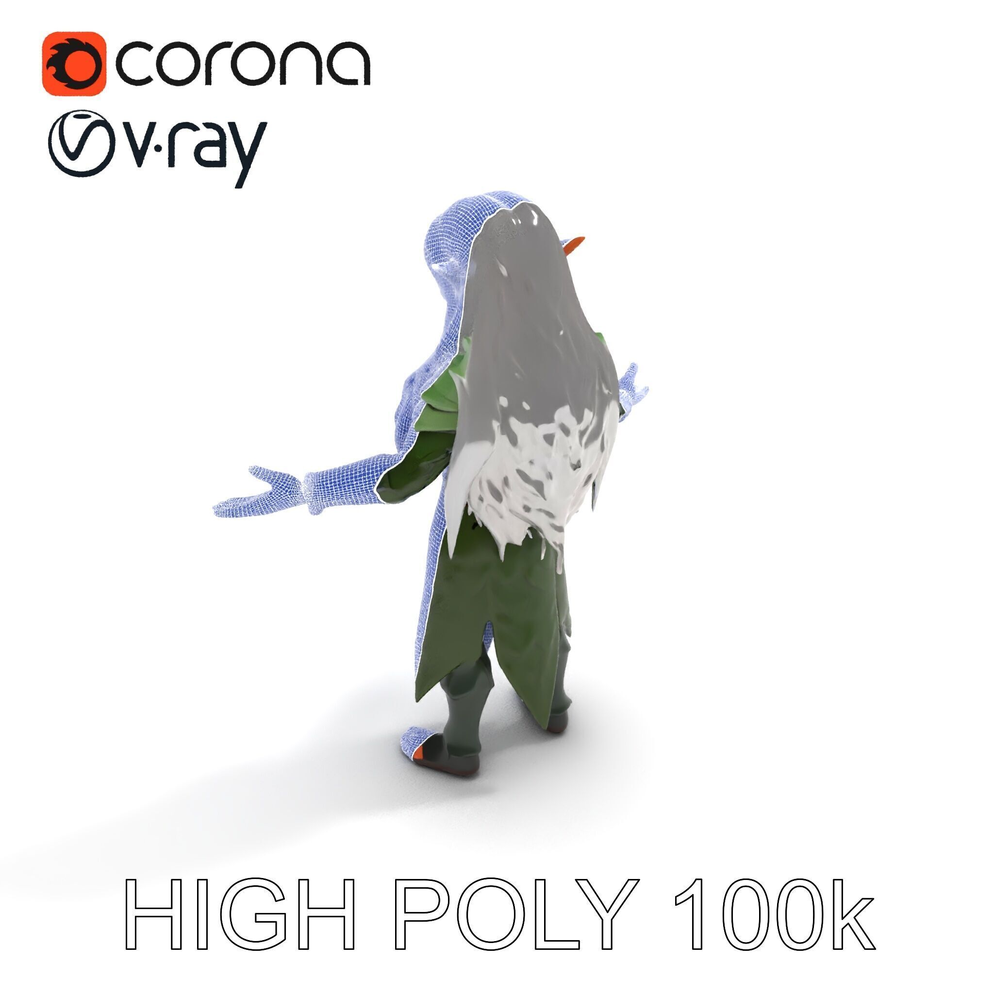 Elven Warrior Princess D Model with Green Armor and Silver Hair Low-poly 3D model_26