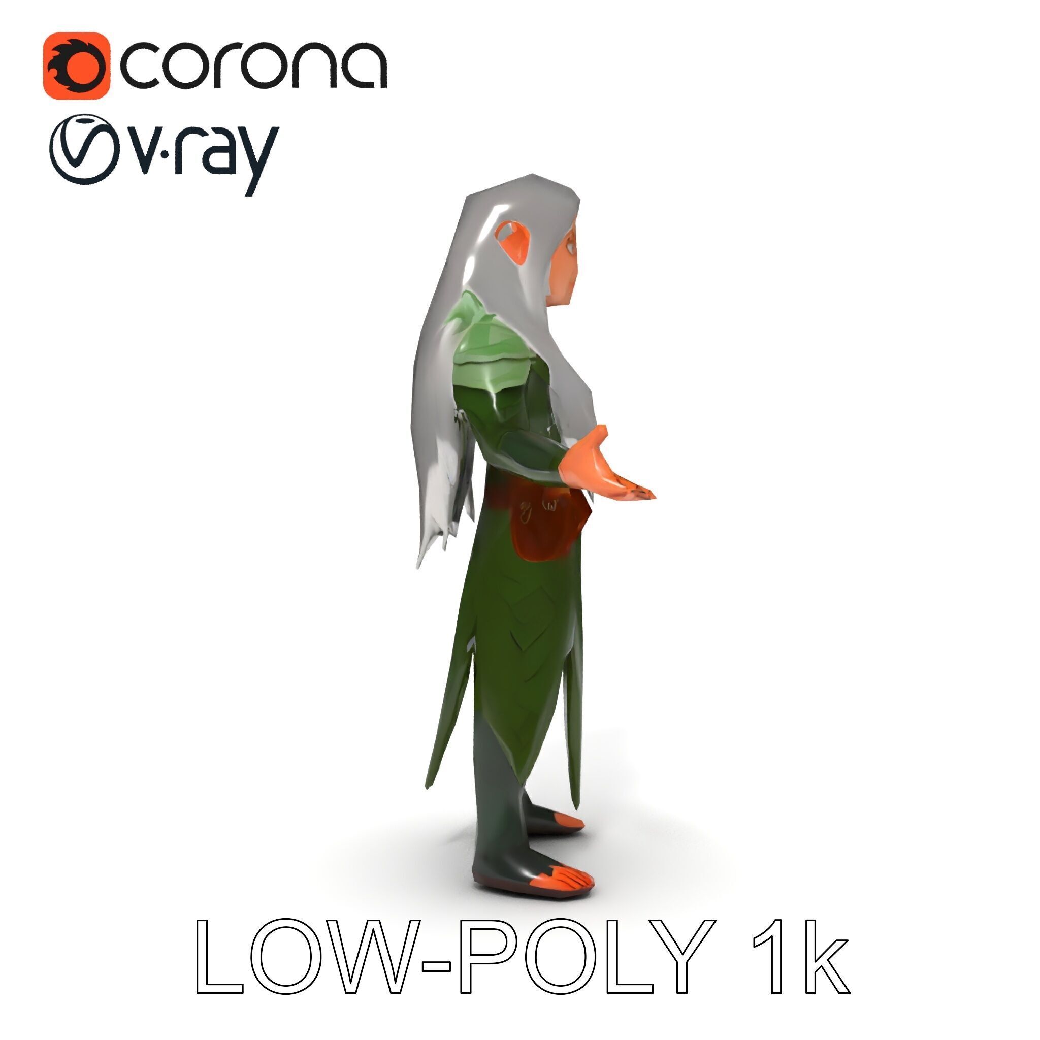 Elven Warrior Princess D Model with Green Armor and Silver Hair Low-poly 3D model_20