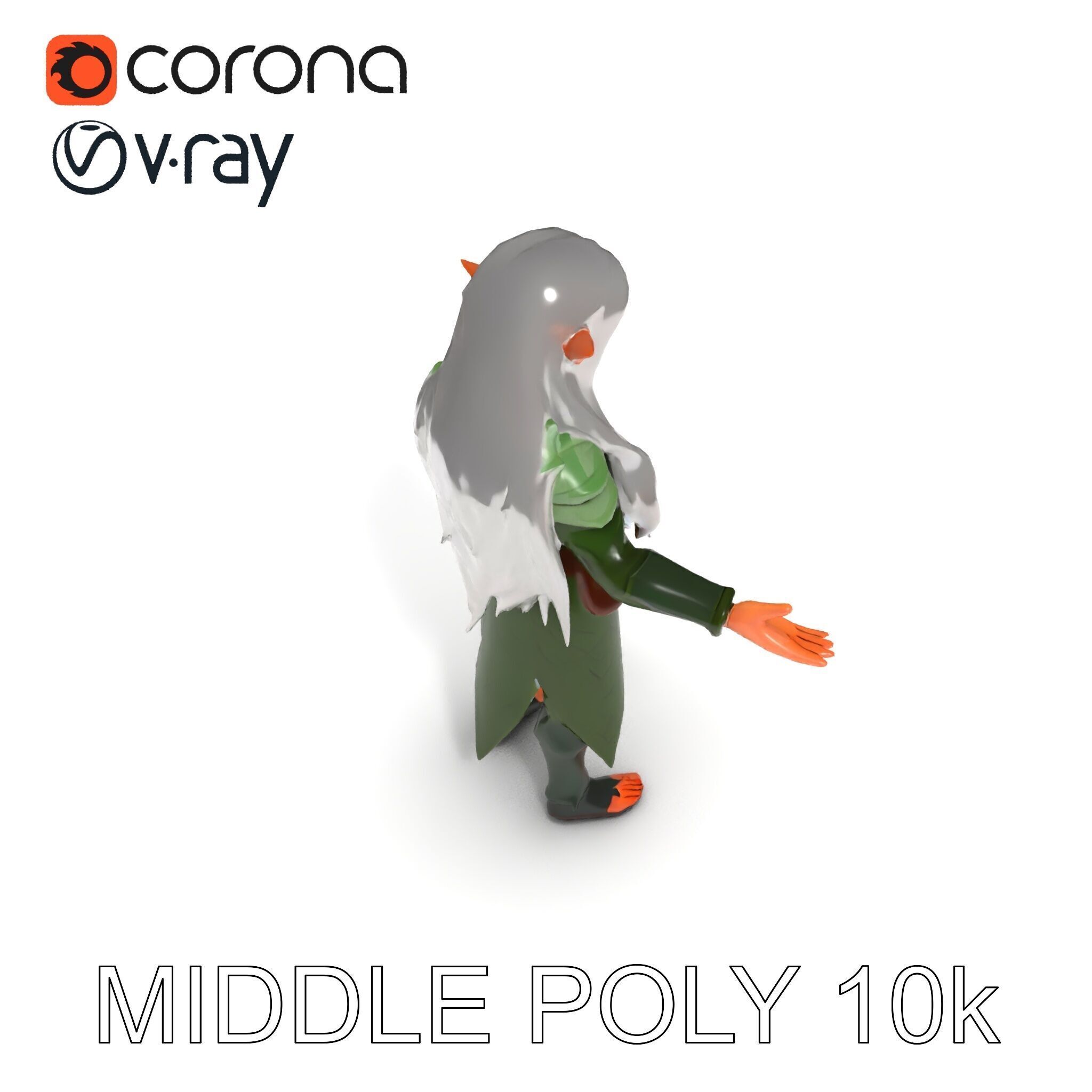 Elven Warrior Princess D Model with Green Armor and Silver Hair Low-poly 3D model_35