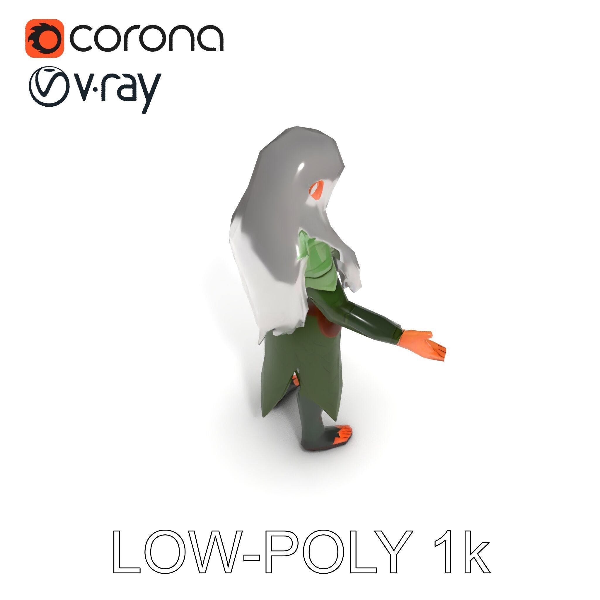 Elven Warrior Princess D Model with Green Armor and Silver Hair Low-poly 3D model_22